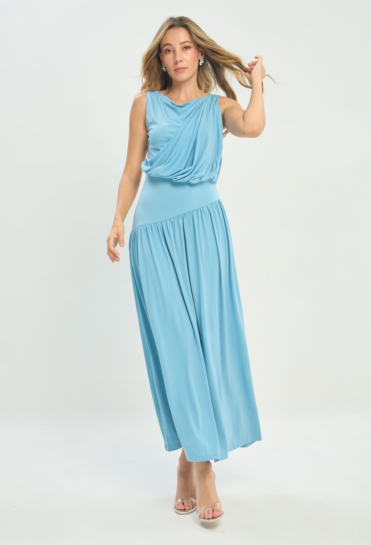 Vestido Largo Espalda Drapeada Azul Cielo BYBLA - vista 6