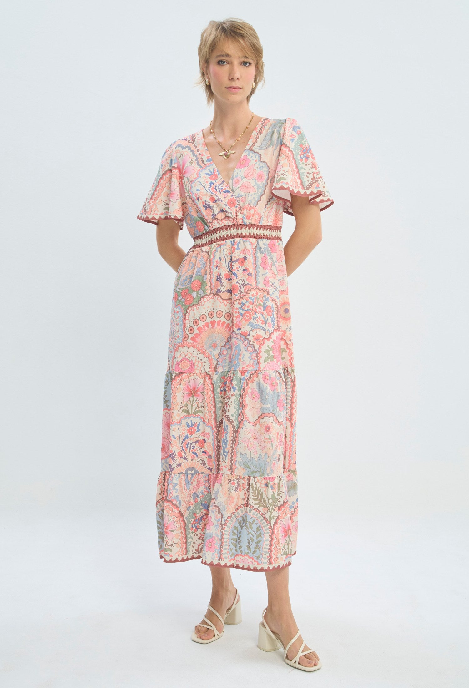 Vestido largo estampado floral rosa con mangas de vuelo BYBLA - vista 2