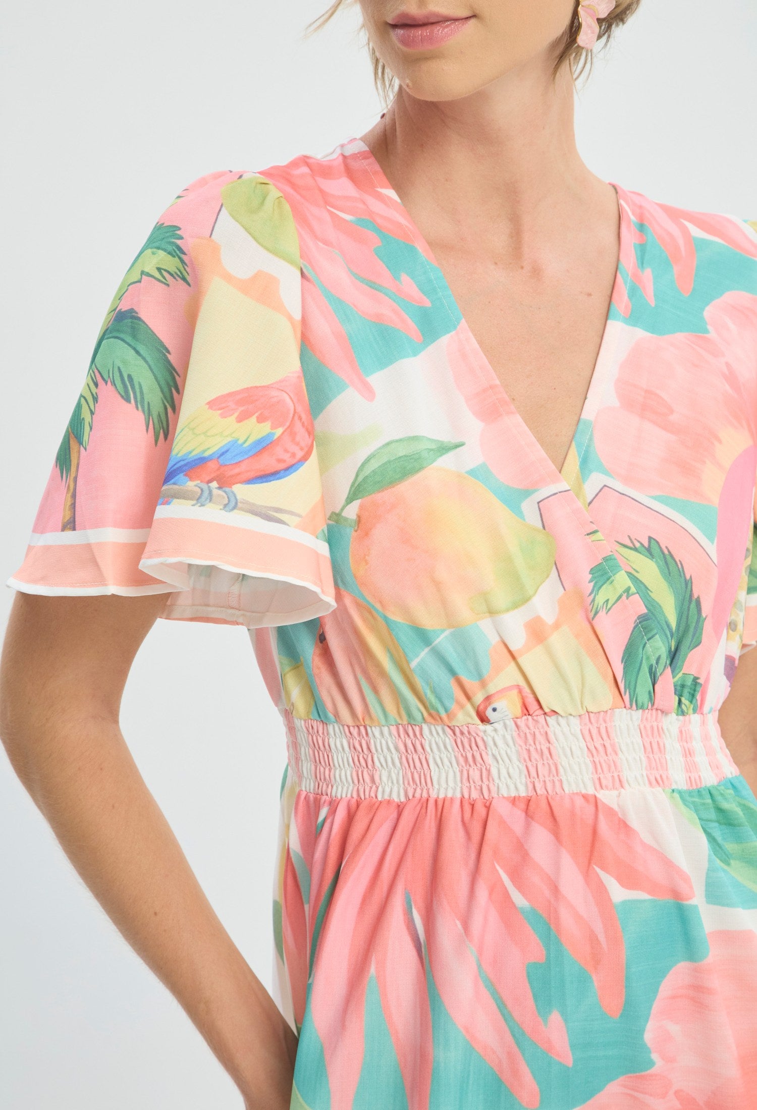 Vestido largo con estampado tropical de frutas y guacamayas BYBLA - vista 4
