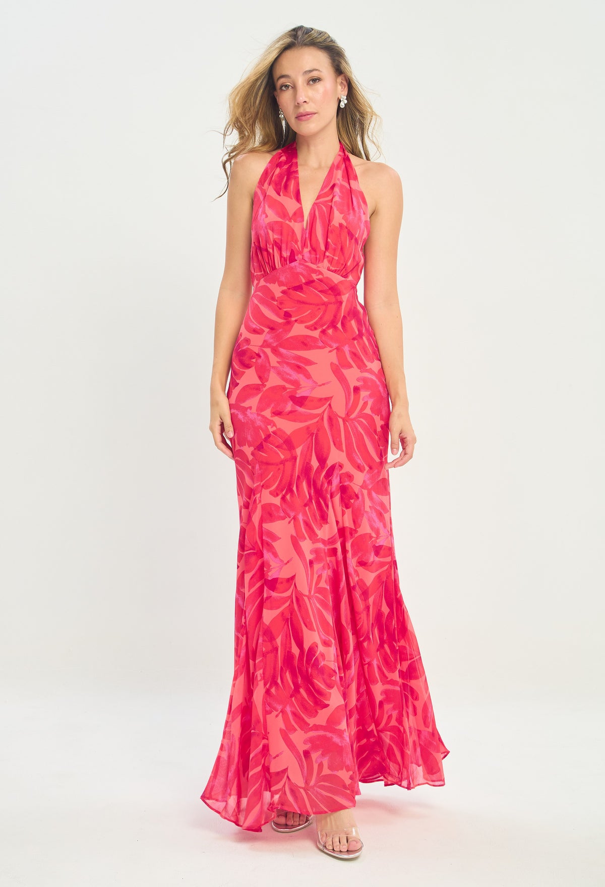 Vestido Largo Halter Sirena Hojas Fucsia BYBLA