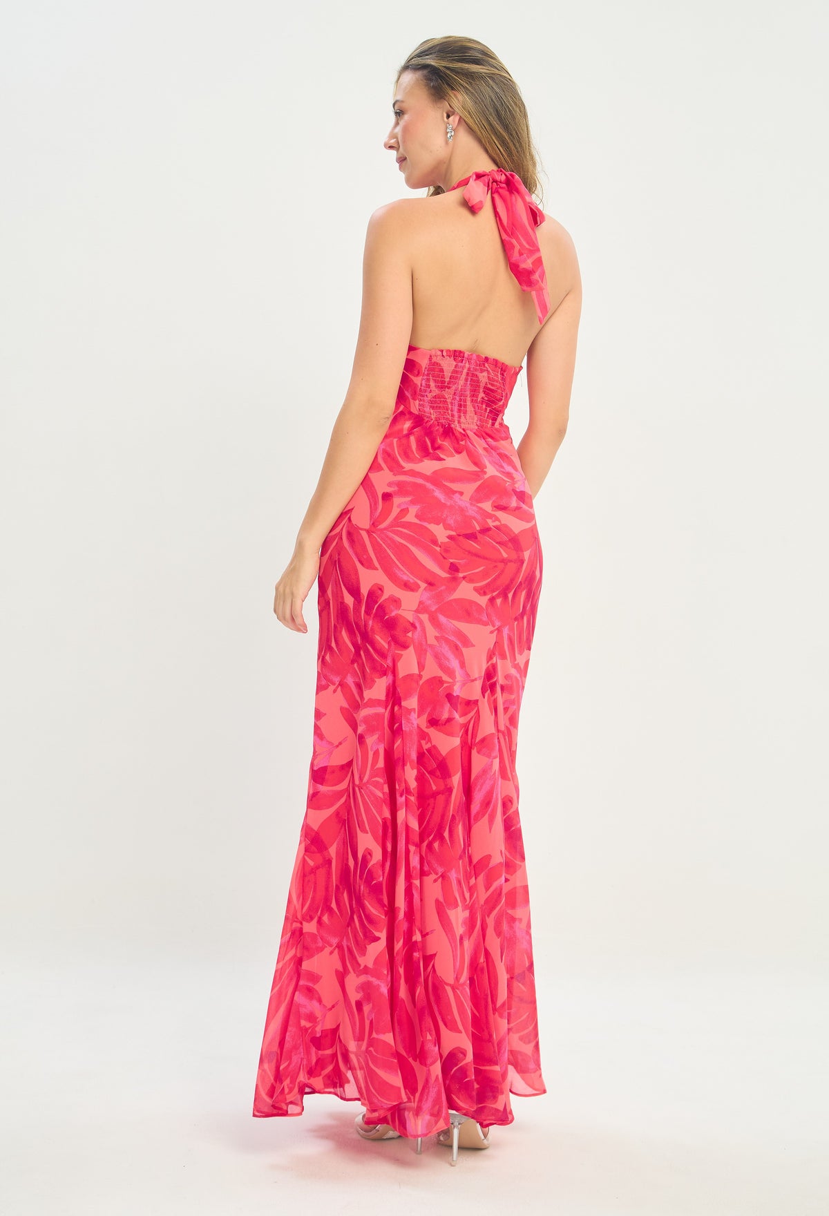 Vestido Largo Halter Sirena Hojas Fucsia BYBLA - vista 3