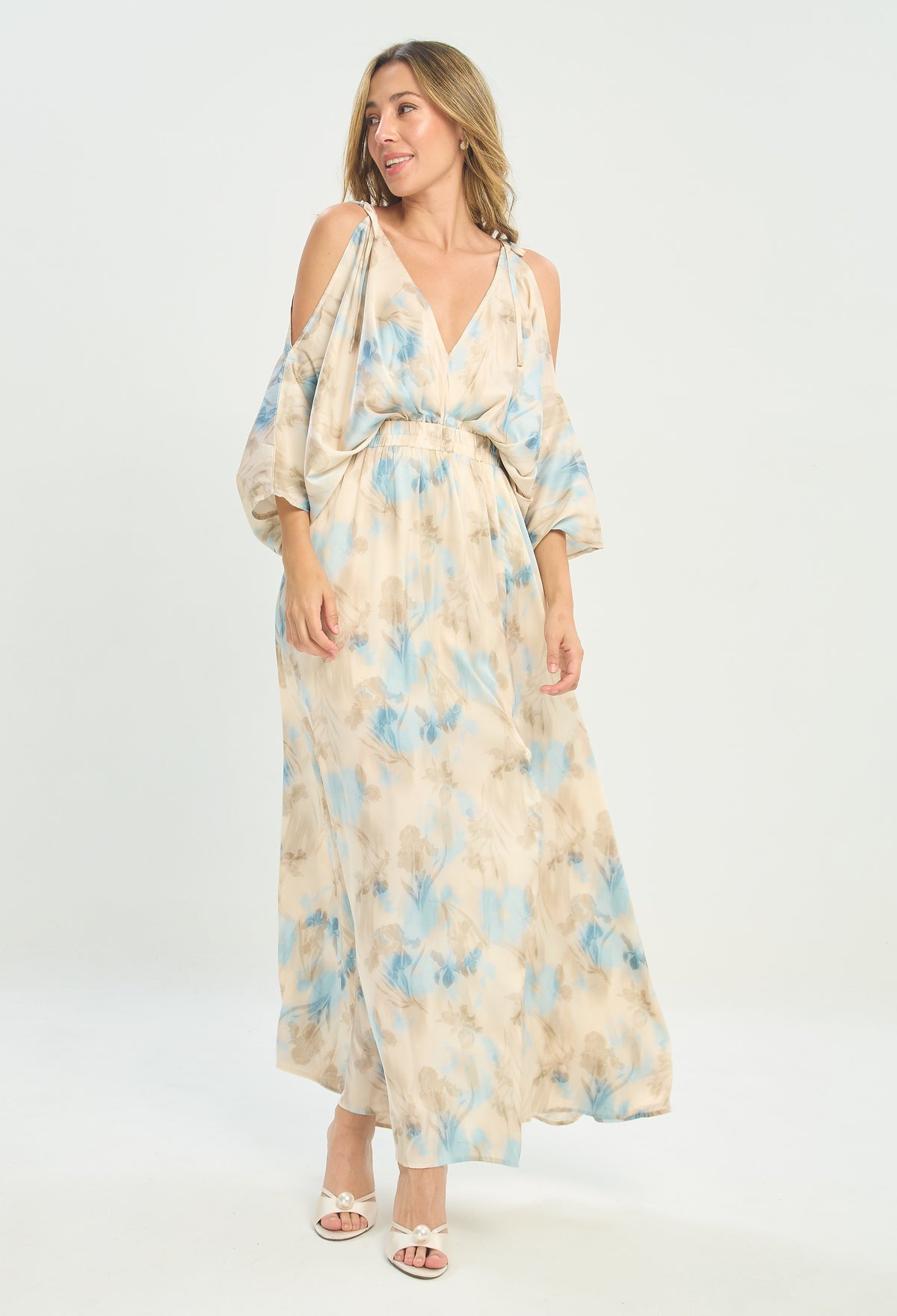 Vestido Largo Hombros Descubiertos Azul y Beige BYBLA - vista 5