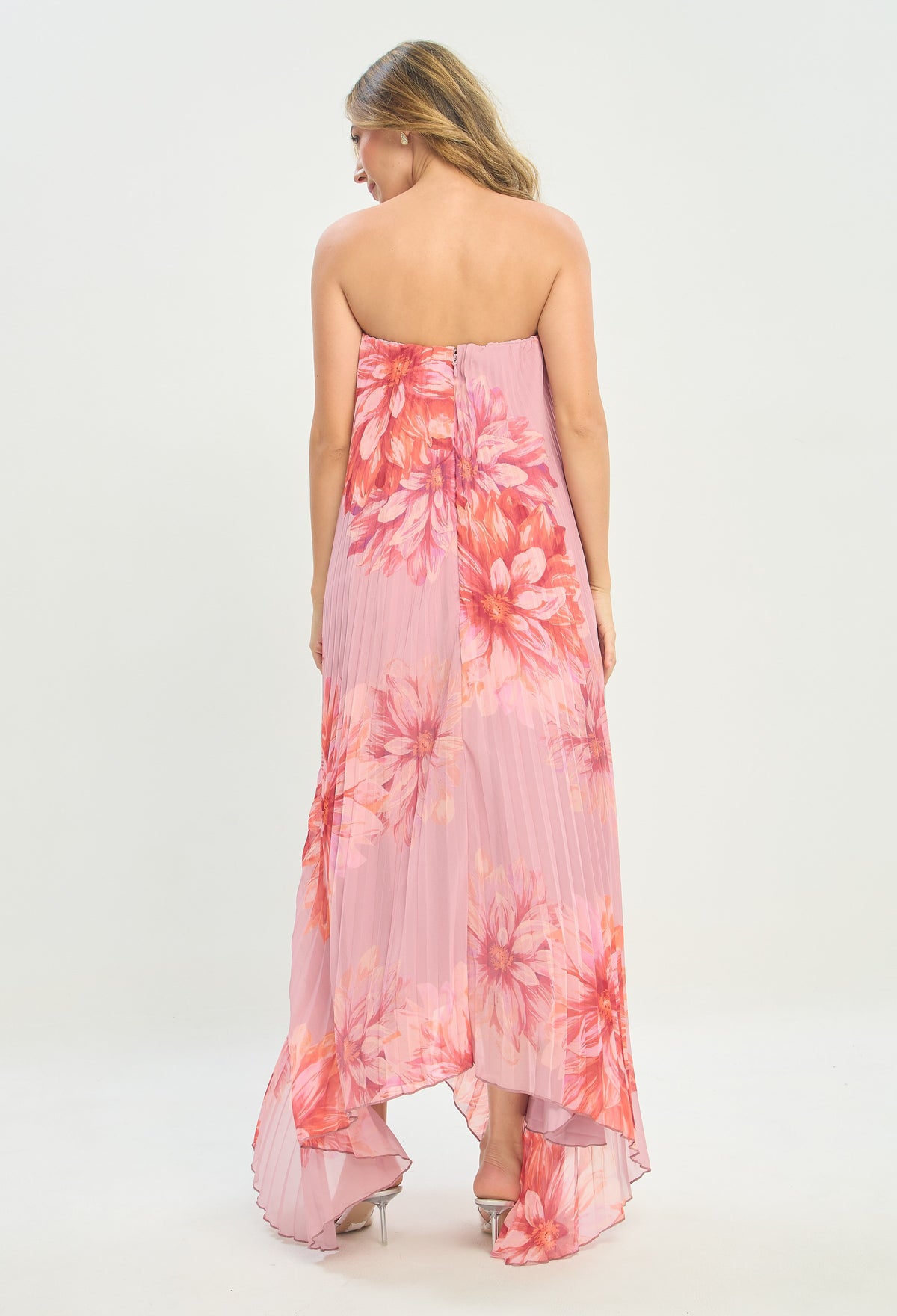 Vestido Largo Strapless Plisado Flores Rosa BYBLA - vista 6