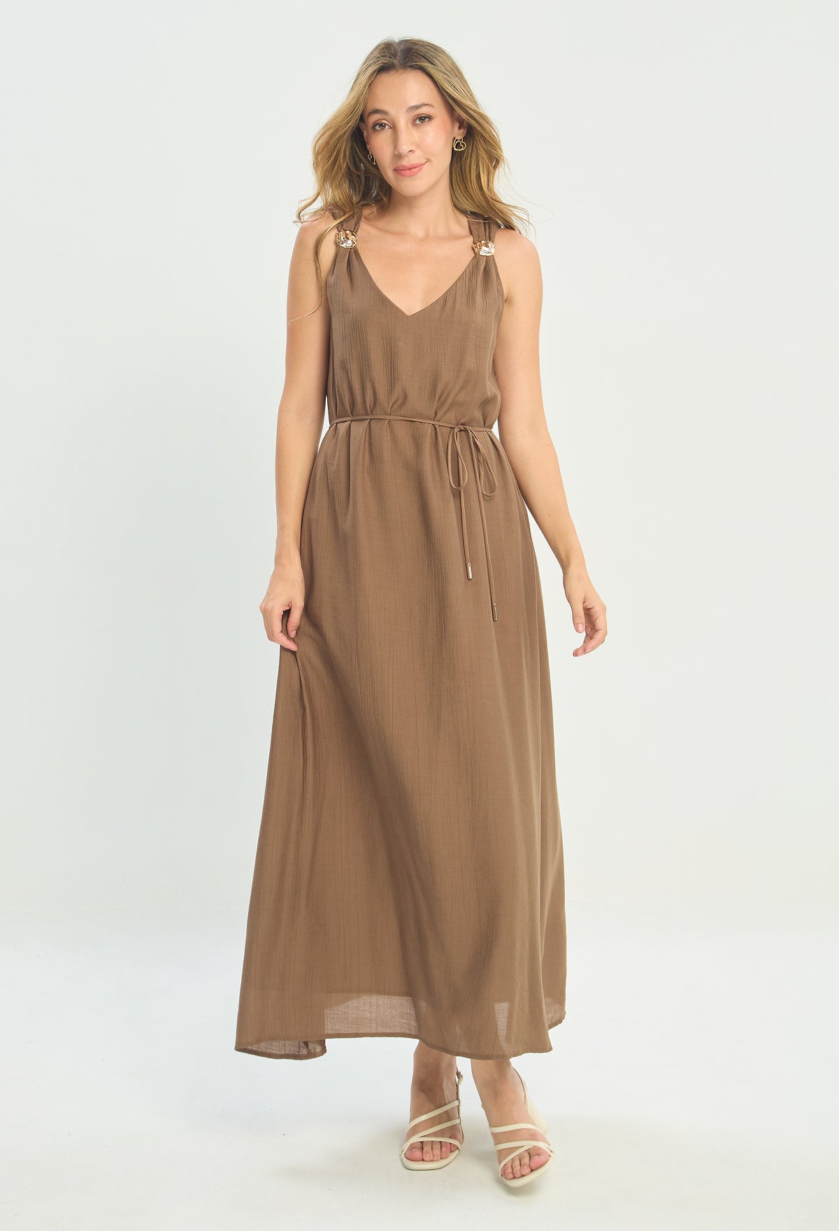 Vestido Largo Tiras con Cinturón Café BYBLA