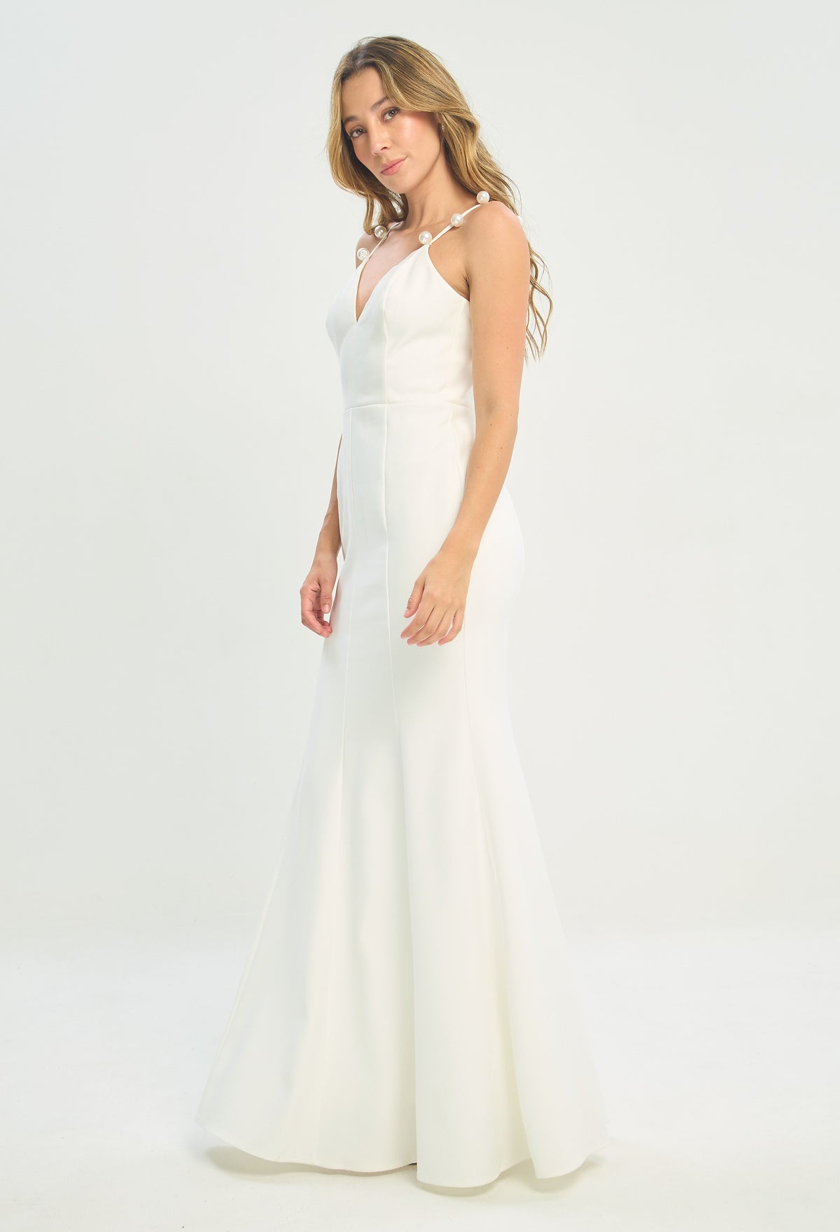 Vestido Largo Tiras de Perlas Blanco BYBLA - vista 2