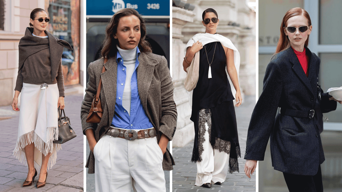Four women in stylish layered outfits, showcasing modern women's fashion trends with skirts, blazers, and accessories in a city setting.