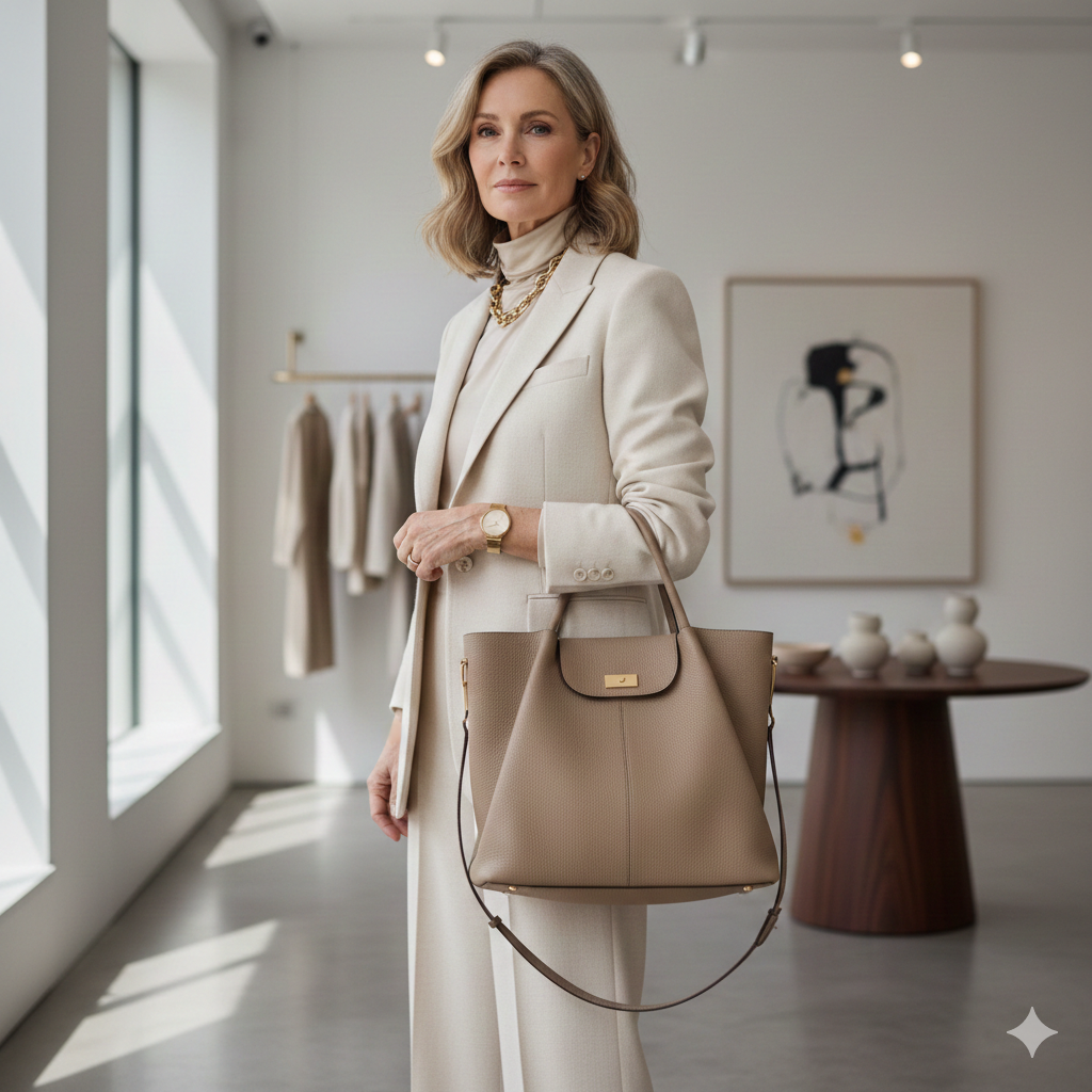 Mujer elegante mayor de 40 años con look neutro y accesorios premium