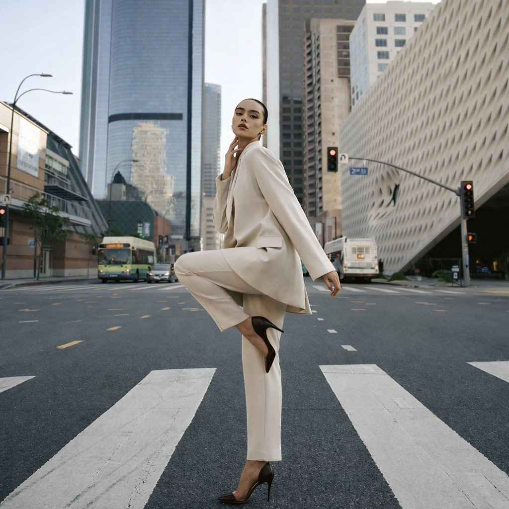 Fotografía editorial de moda de una mujer sofisticada usando ropa boutique minimalista, con telas premium en tonos neutros, posando en un cruce urbano con una estética lifestyle moderna.