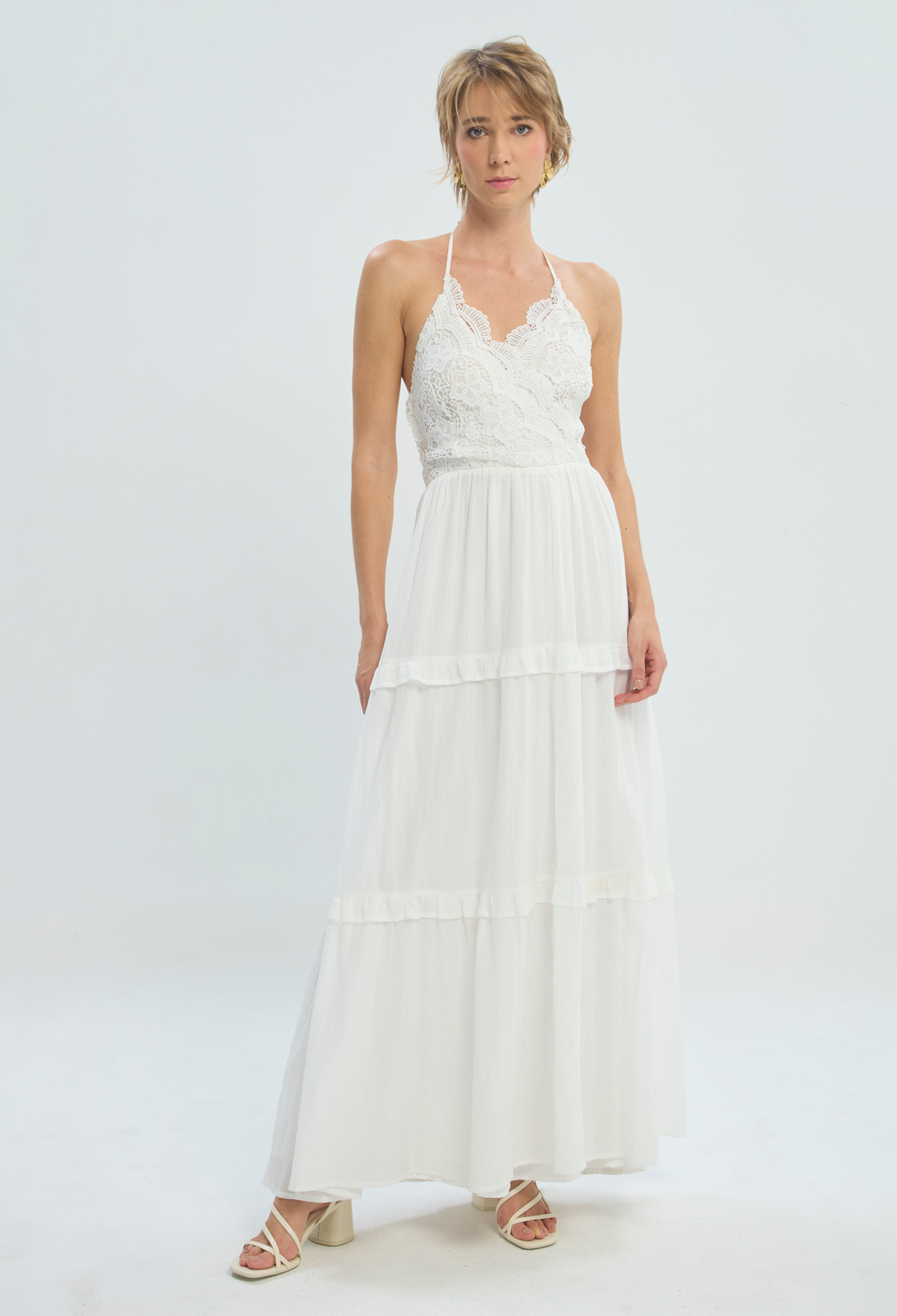 Vestido Largo Blanco Cuello Redondo BYBLA