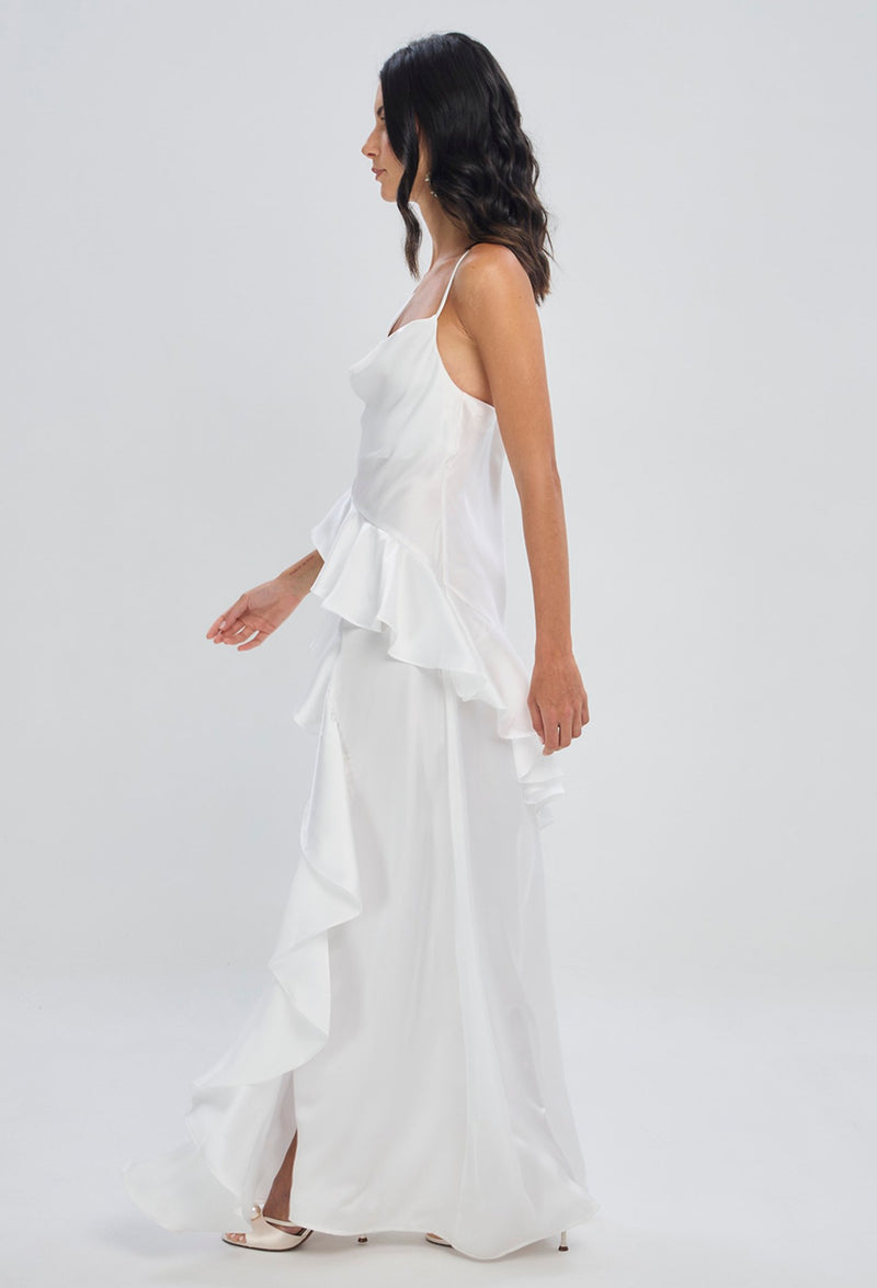 Vestido Largo Satinado Volantes NEW