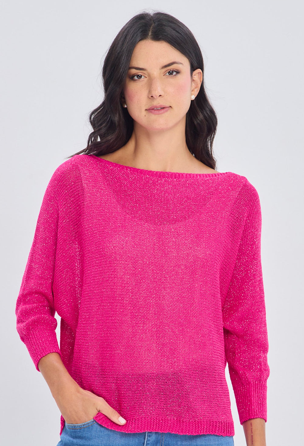 Blusa tejida fucsia sin mangas con efecto calado y cuello barco en viscosa elastano talla única BYBLA