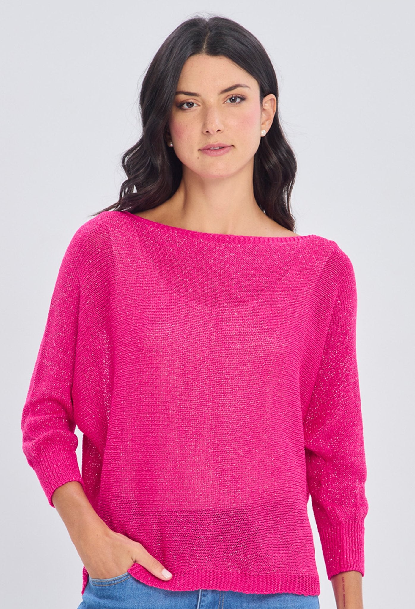 Blusa tejida fucsia sin mangas con efecto calado y cuello barco en viscosa elastano talla única BYBLA
