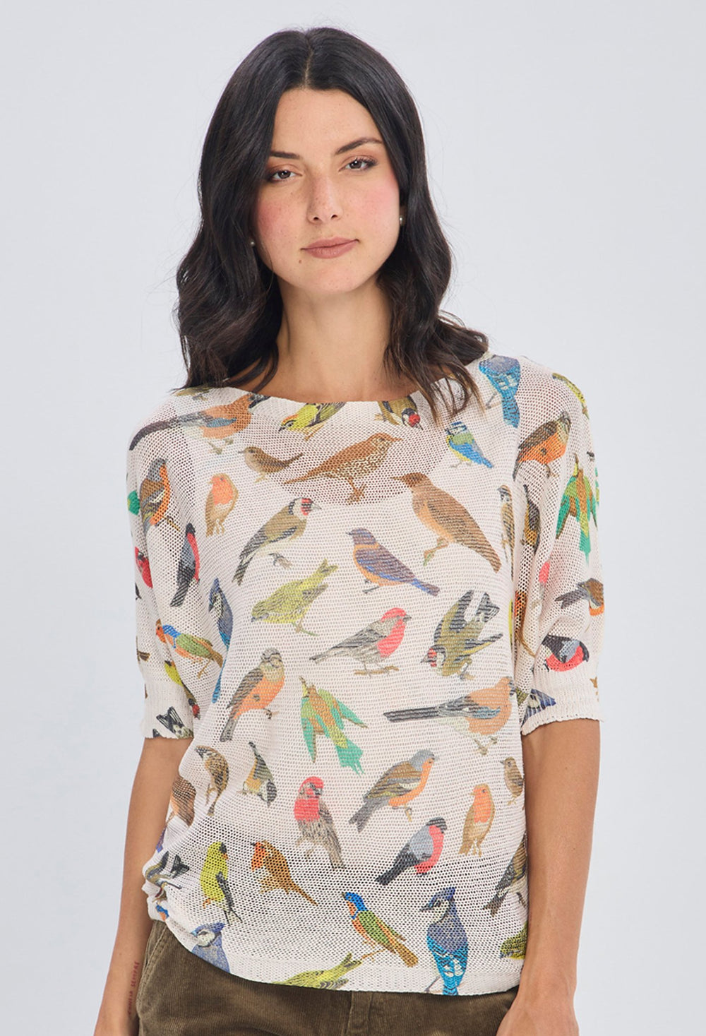 Blusa tejida beige con estampado de pajaros multicolor manga tres cuartos en poliéster viscosa talla única BYBLA