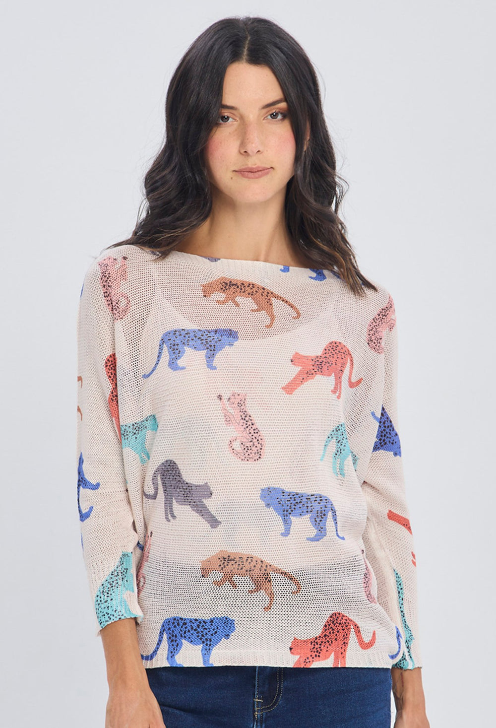 Blusa tejida beige con estampado de leopardos multicolor manga tres cuartos en poliéster viscosa talla única BYBLA