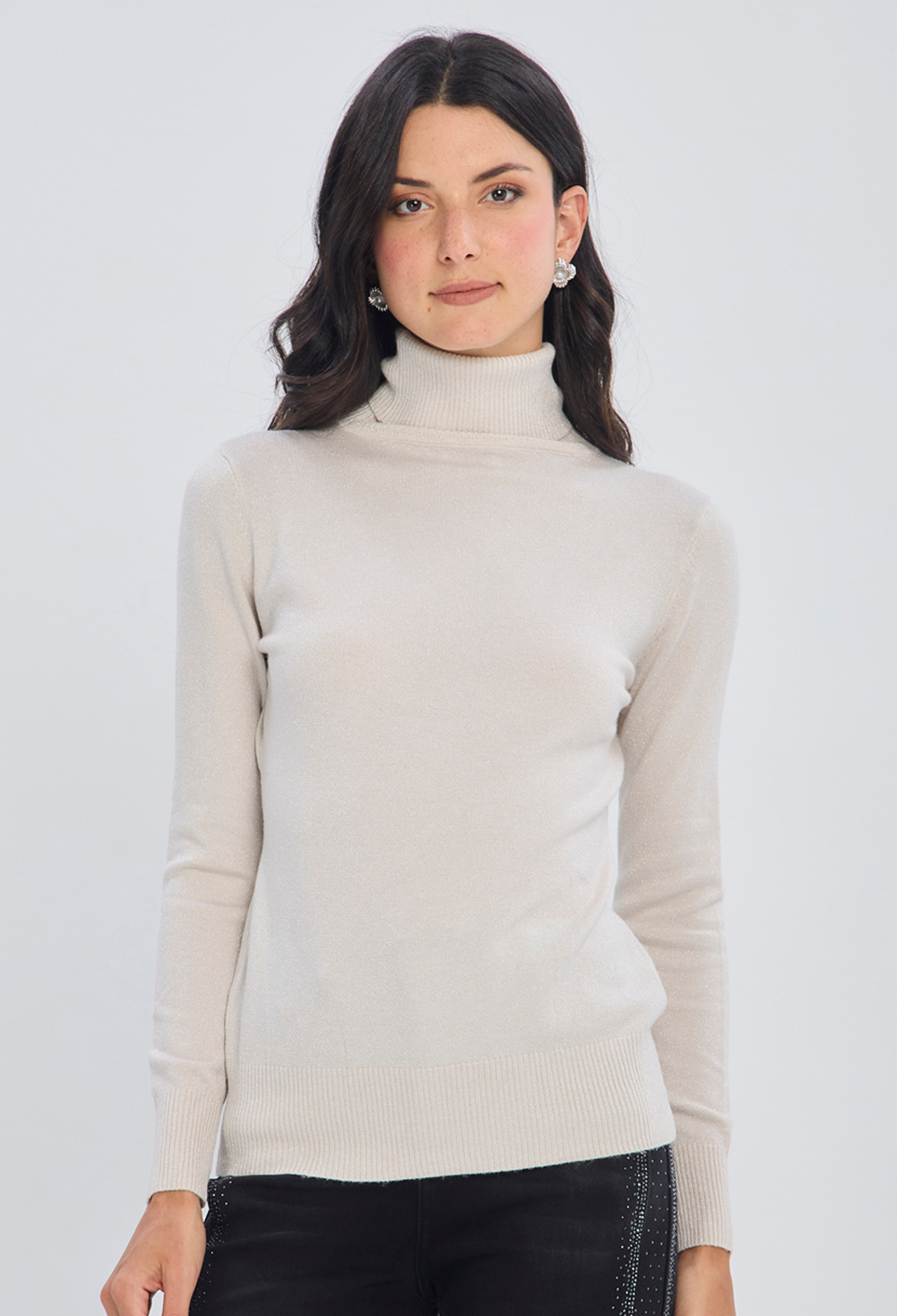 Buzo tejido beige compacto cuello redondo en viscosa para mujer