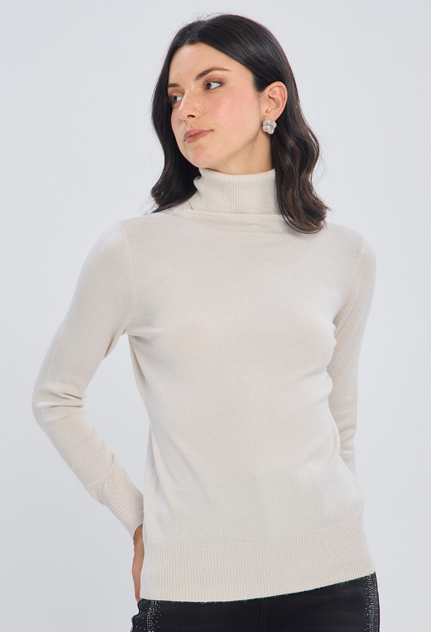 Buzo tejido beige compacto cuello redondo en viscosa para mujer - vista 2