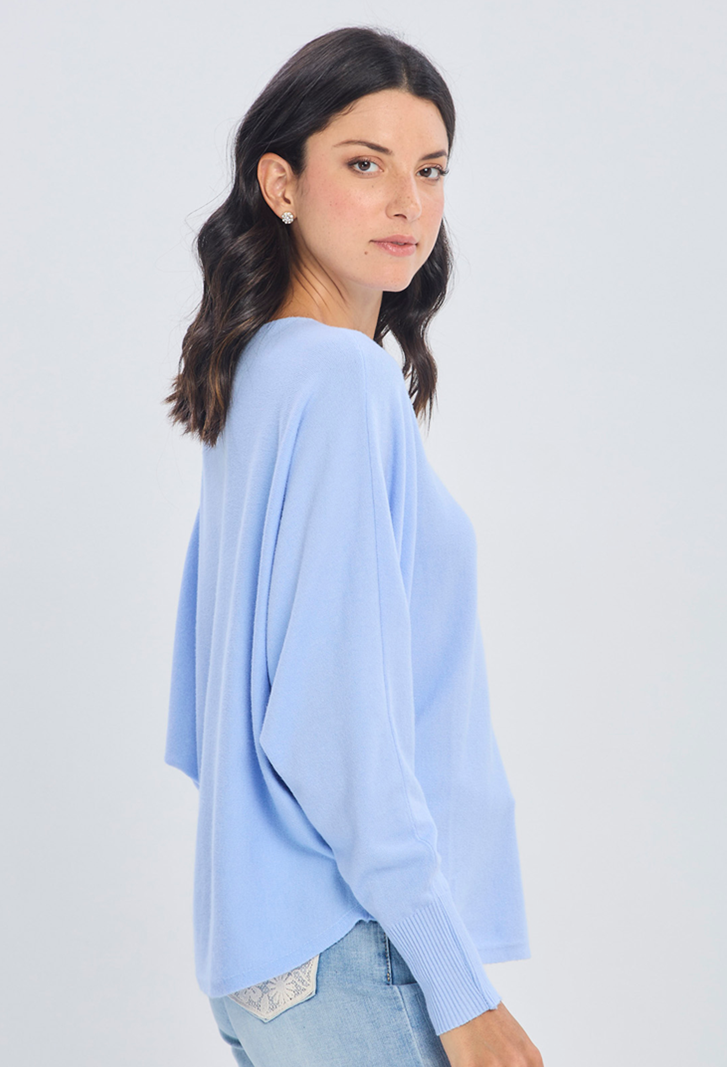Blusa tejida azul cuello amplio en viscosa y poliamida para mujer - vista 3