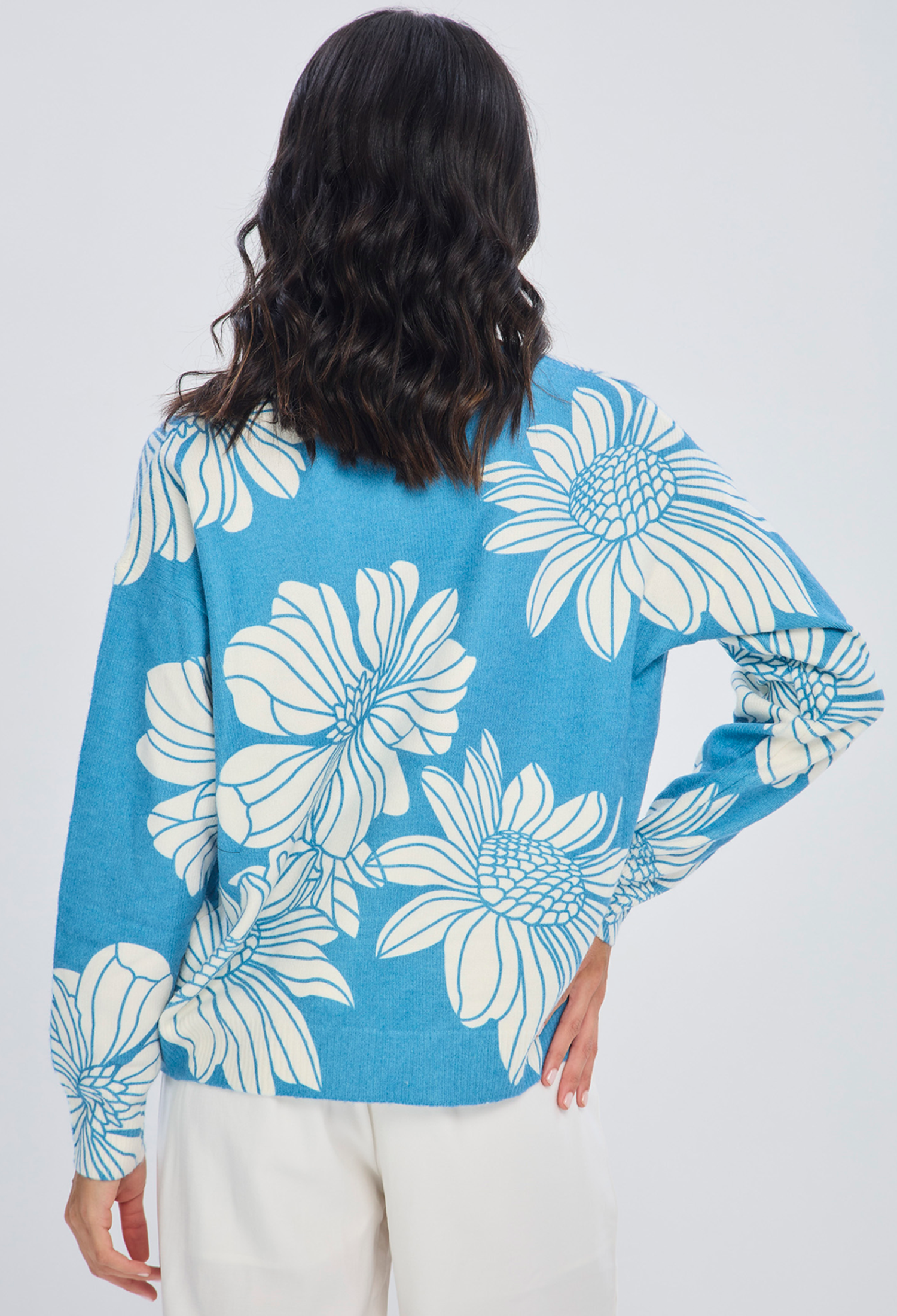 Buzo tejido azul ligero cuello cerrado en acrílico y poliamida para mujer - vista 3