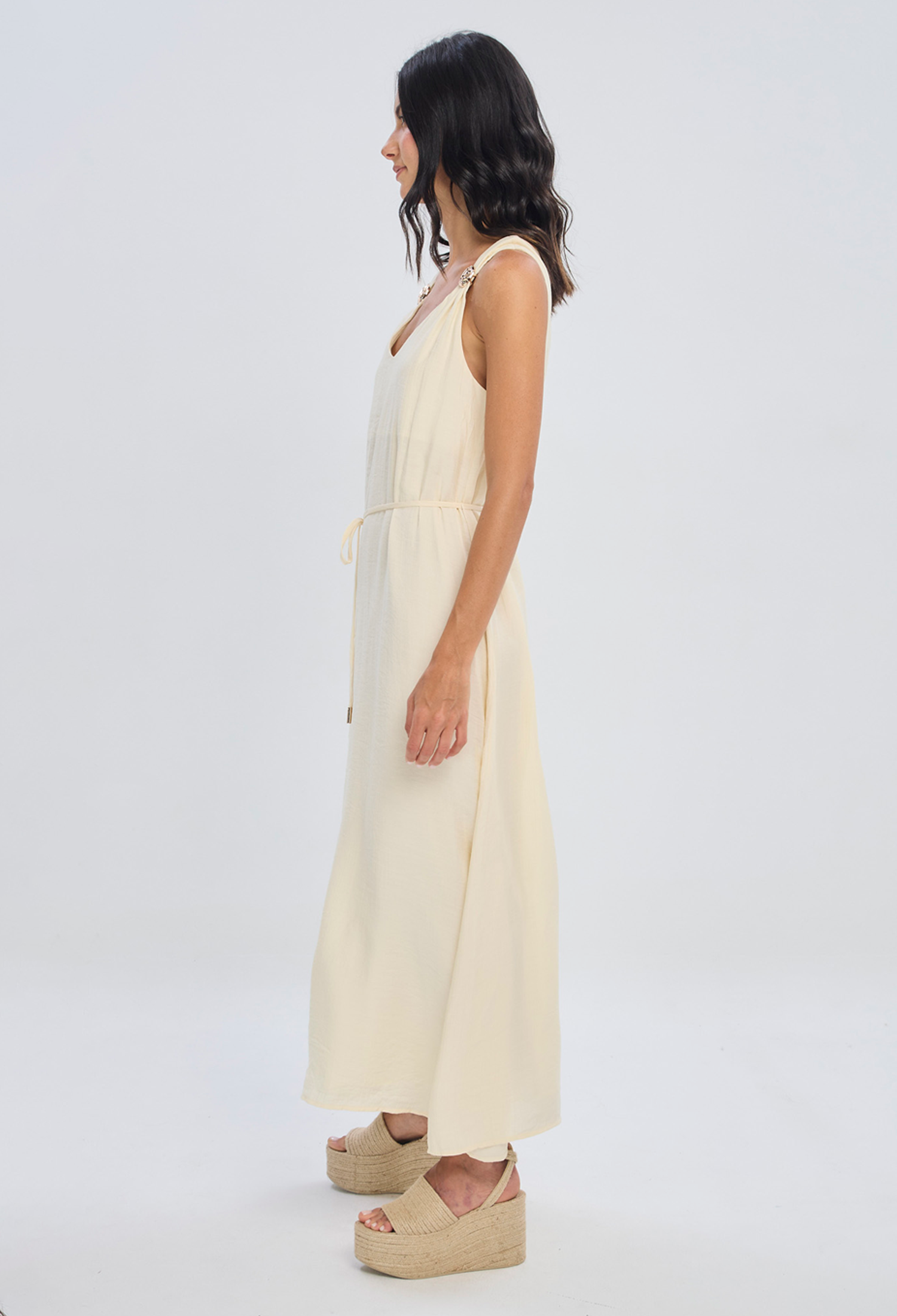 Vestido midi beige forrado corte imperio en viscosa y poliamida para mujer - vista 2