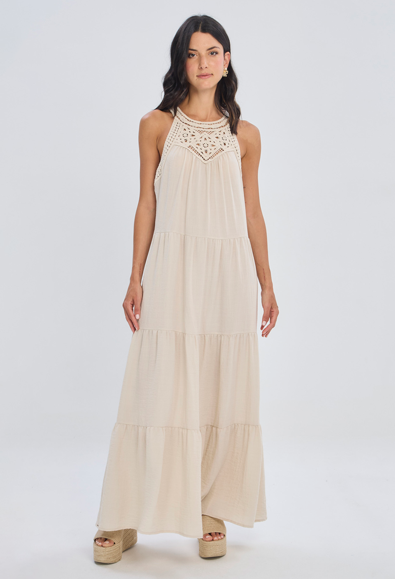 Vestido largo beige fluido en viscosa escote V para mujer elegante - vista 2
