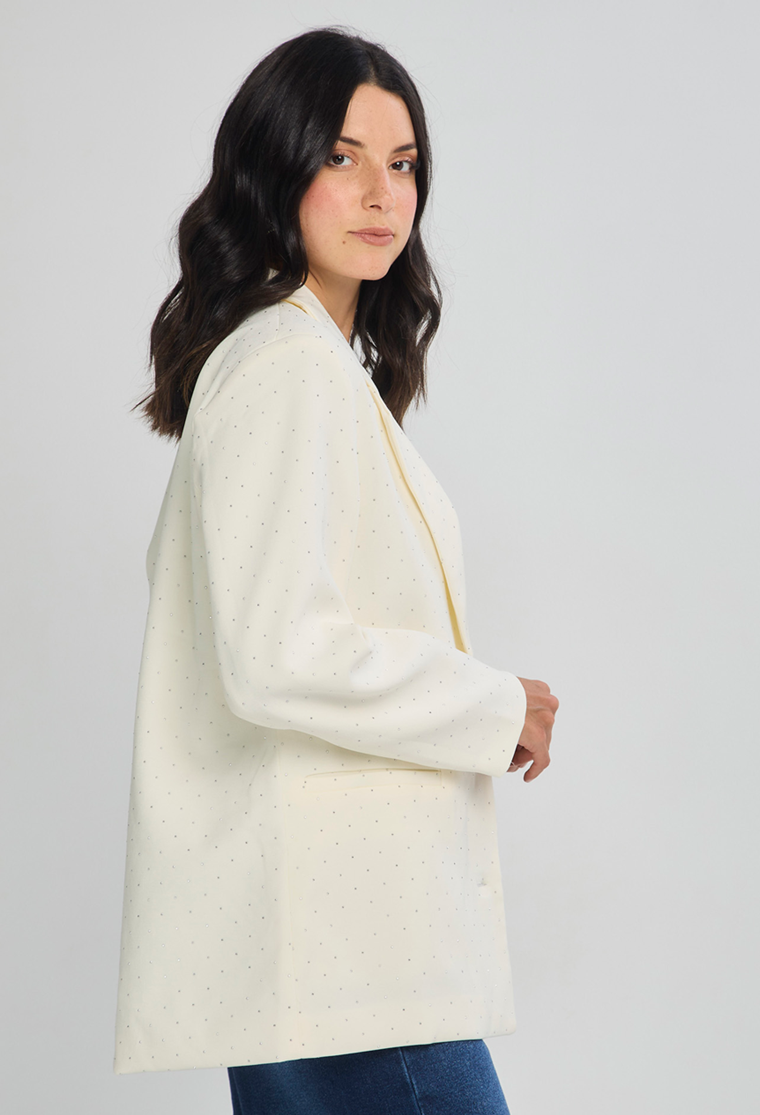 Chaqueta estructurada beige corte recto con forro para mujer silueta definida - vista 3