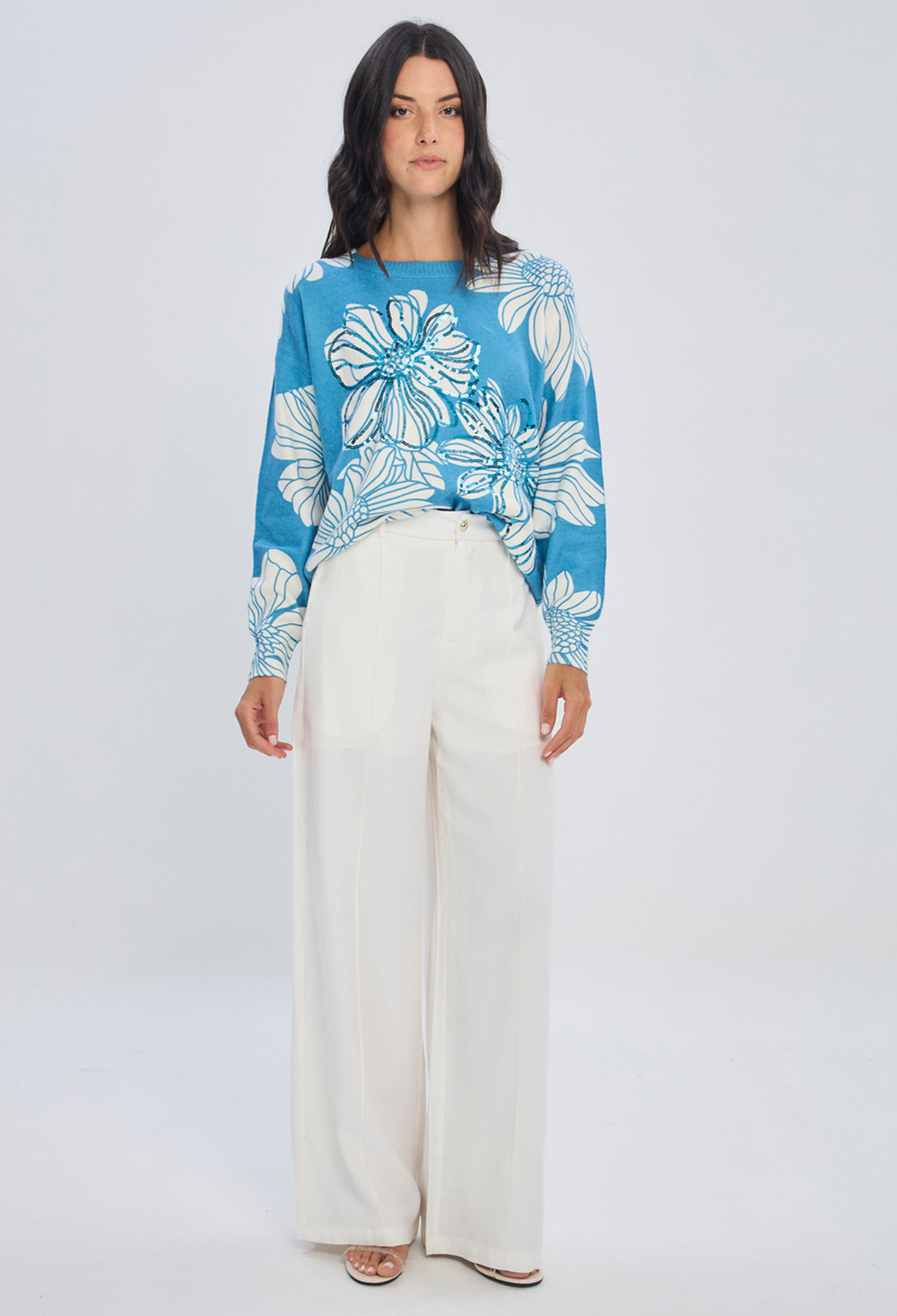 Pantalón wide leg beige fluido en poliéster para mujer silueta alargadora