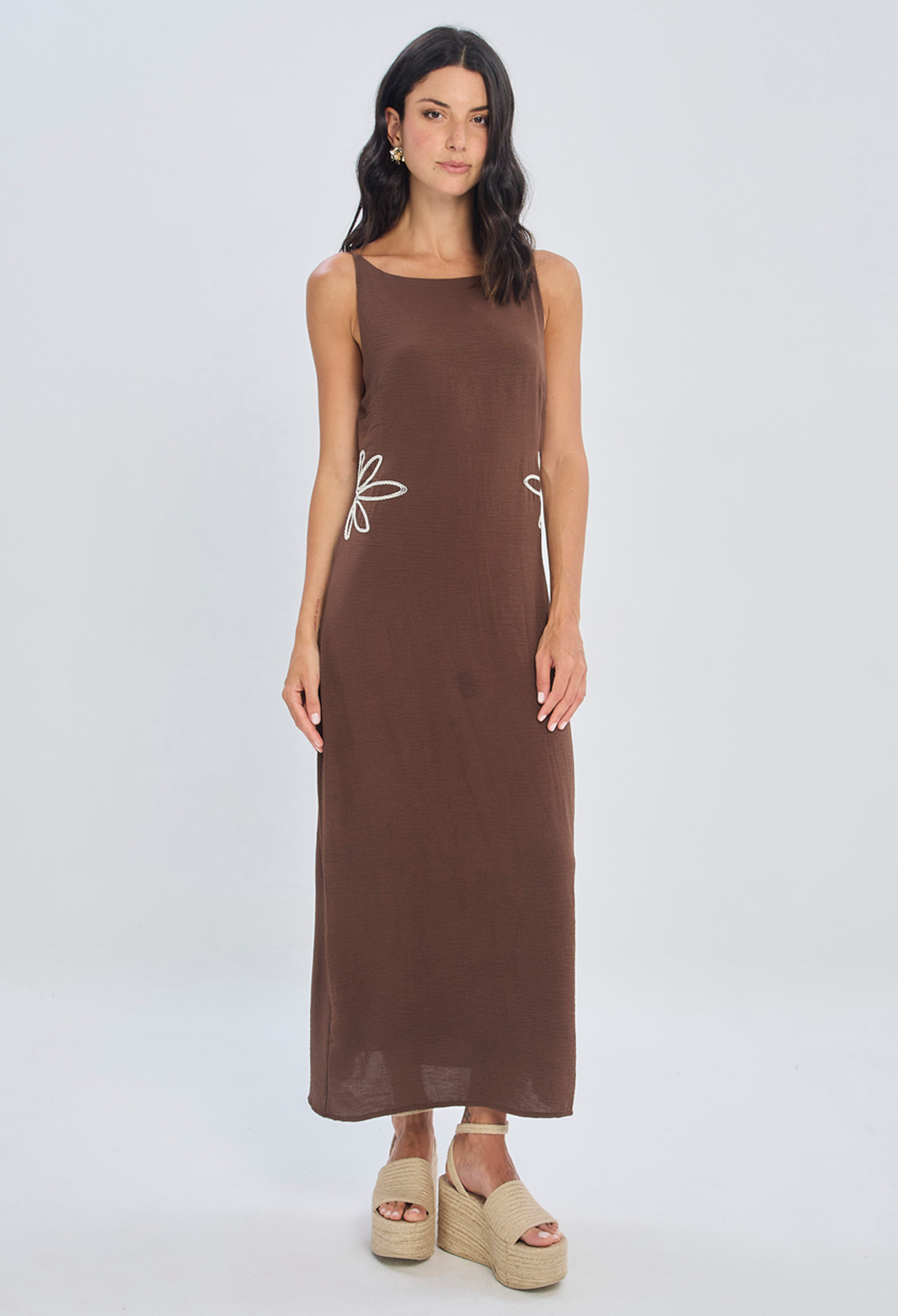 Vestido largo café satinado con forro completo en poliéster para mujer - vista 2