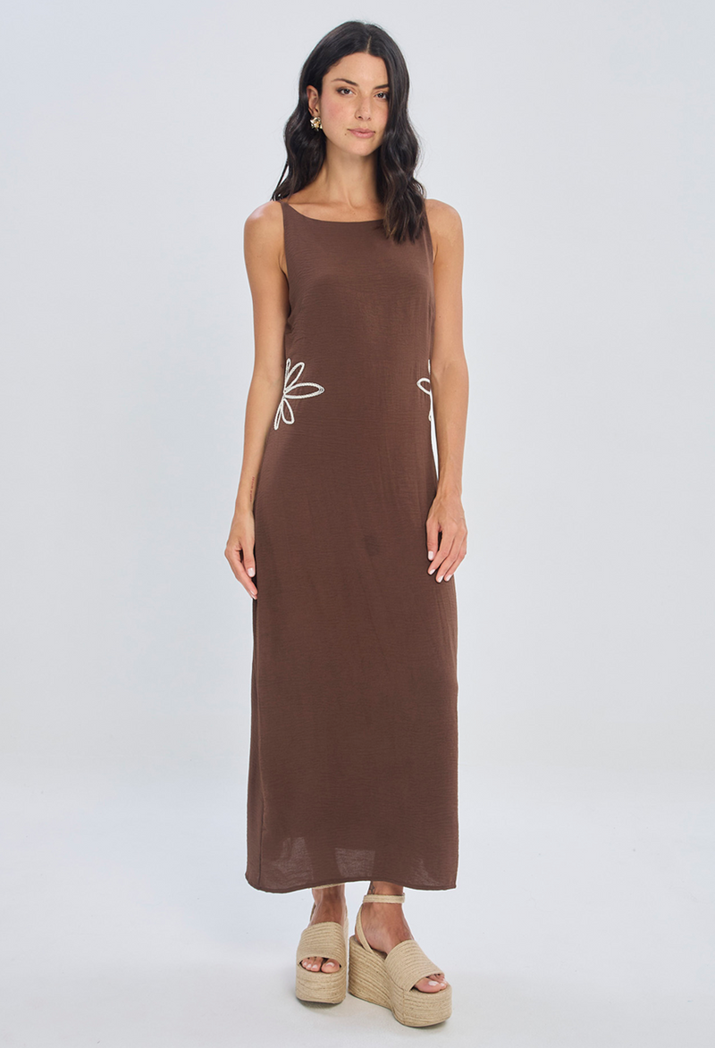 Vestido largo café satinado con forro completo en poliéster para mujer - vista 2