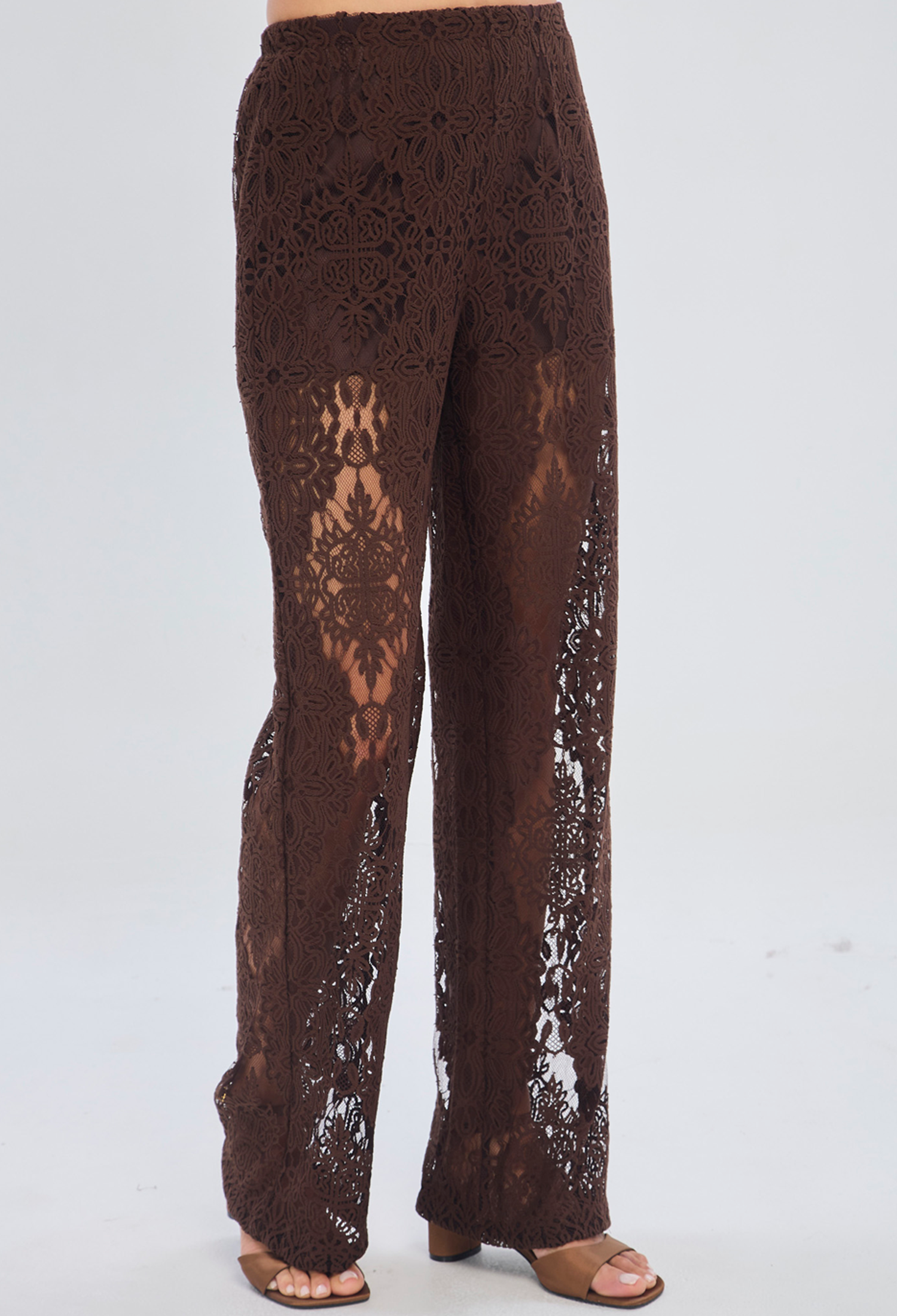 Pantalón fluido café pierna ancha corte sastre en poliamida para mujer - vista 3