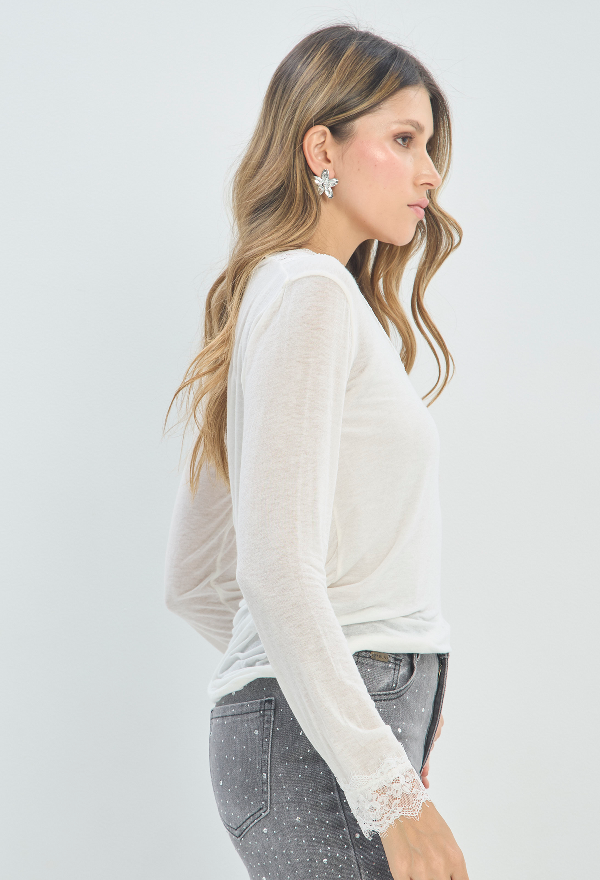 Blusa Manga Larga Blanca con Encaje BYBLA - vista 2