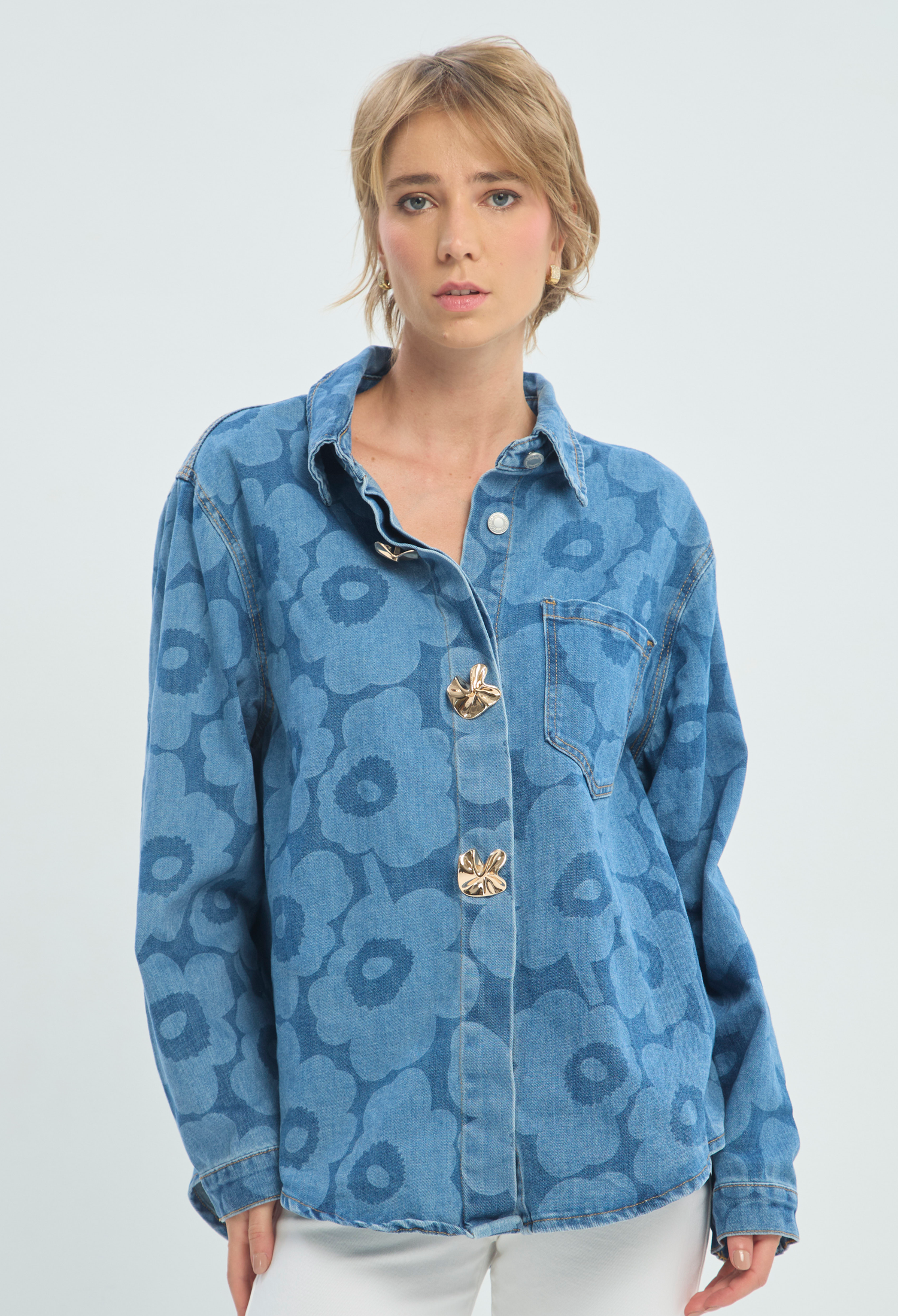 Camisa Manga Larga Azul Bordada BYBLA