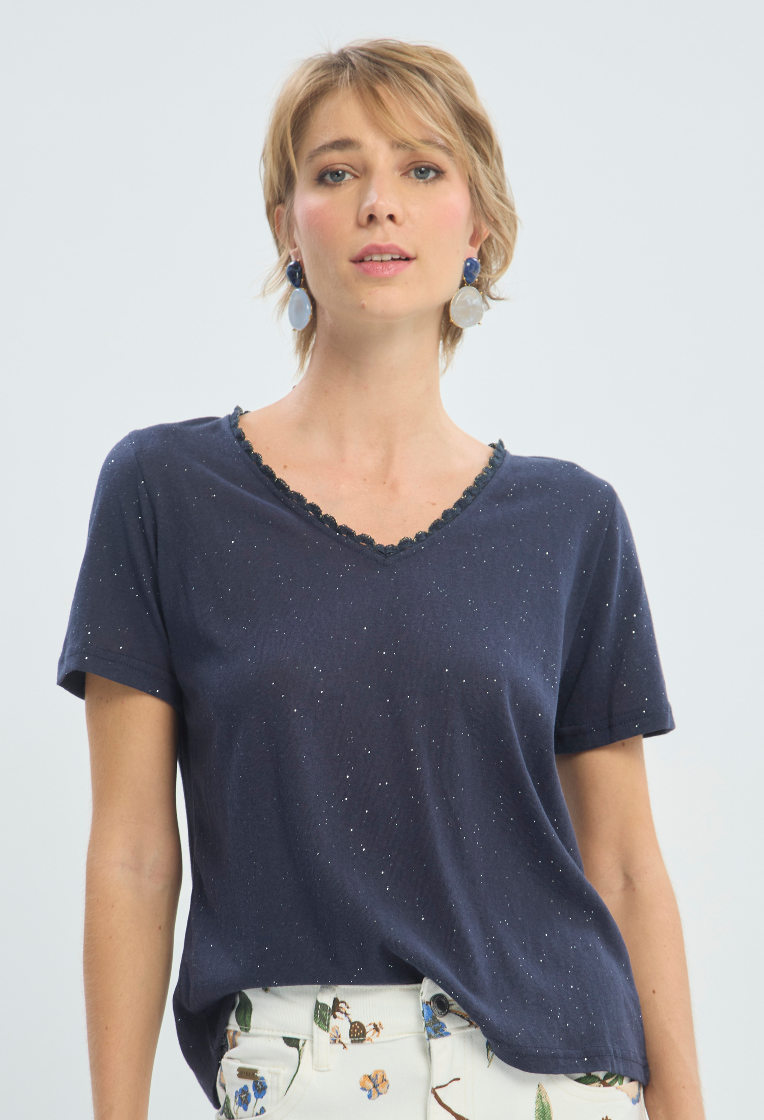 Blusa Manga Corta Azul Marino con Brillo BYBLA