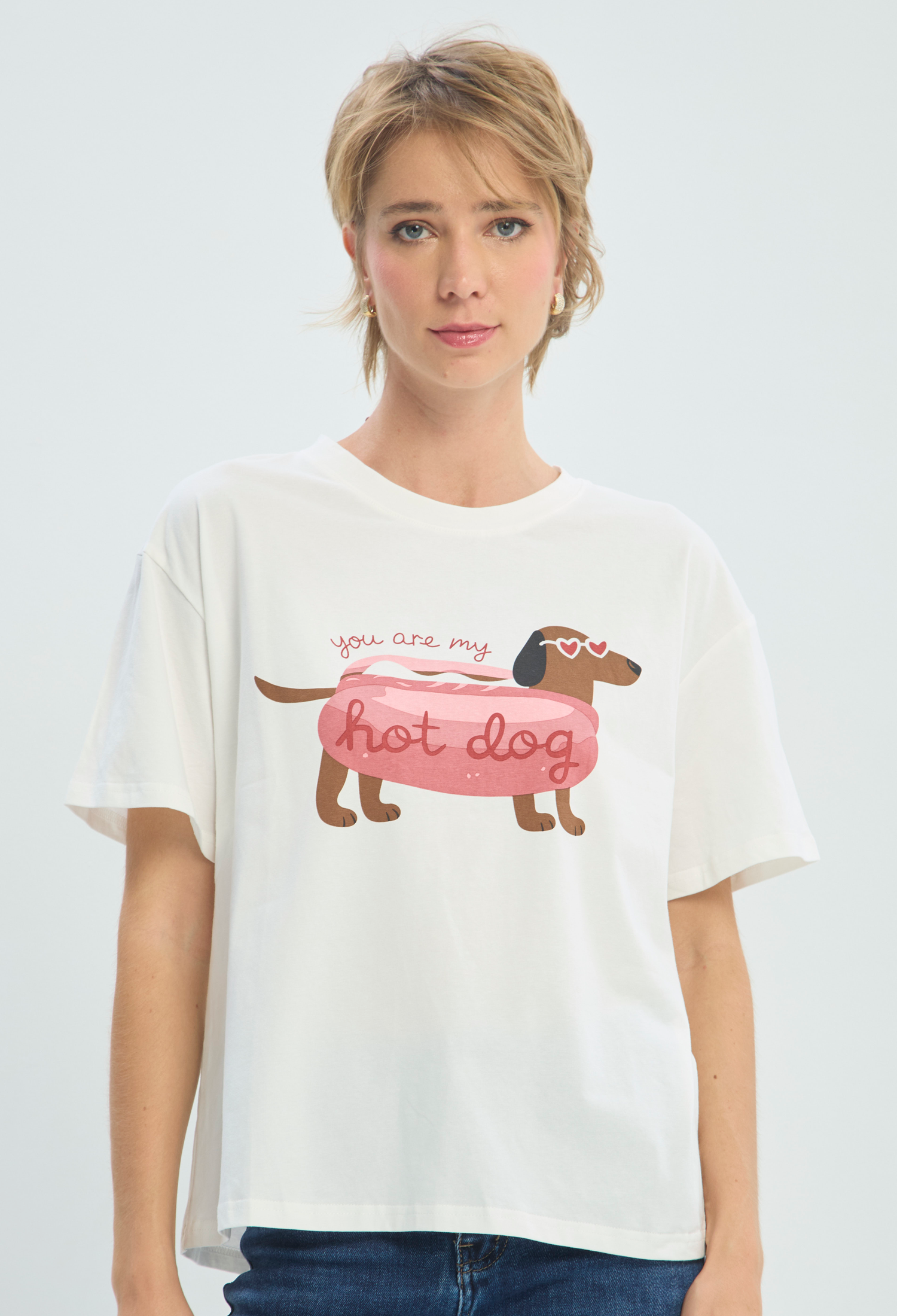 Camiseta Blanca Estampado Hot Dog BYBLA