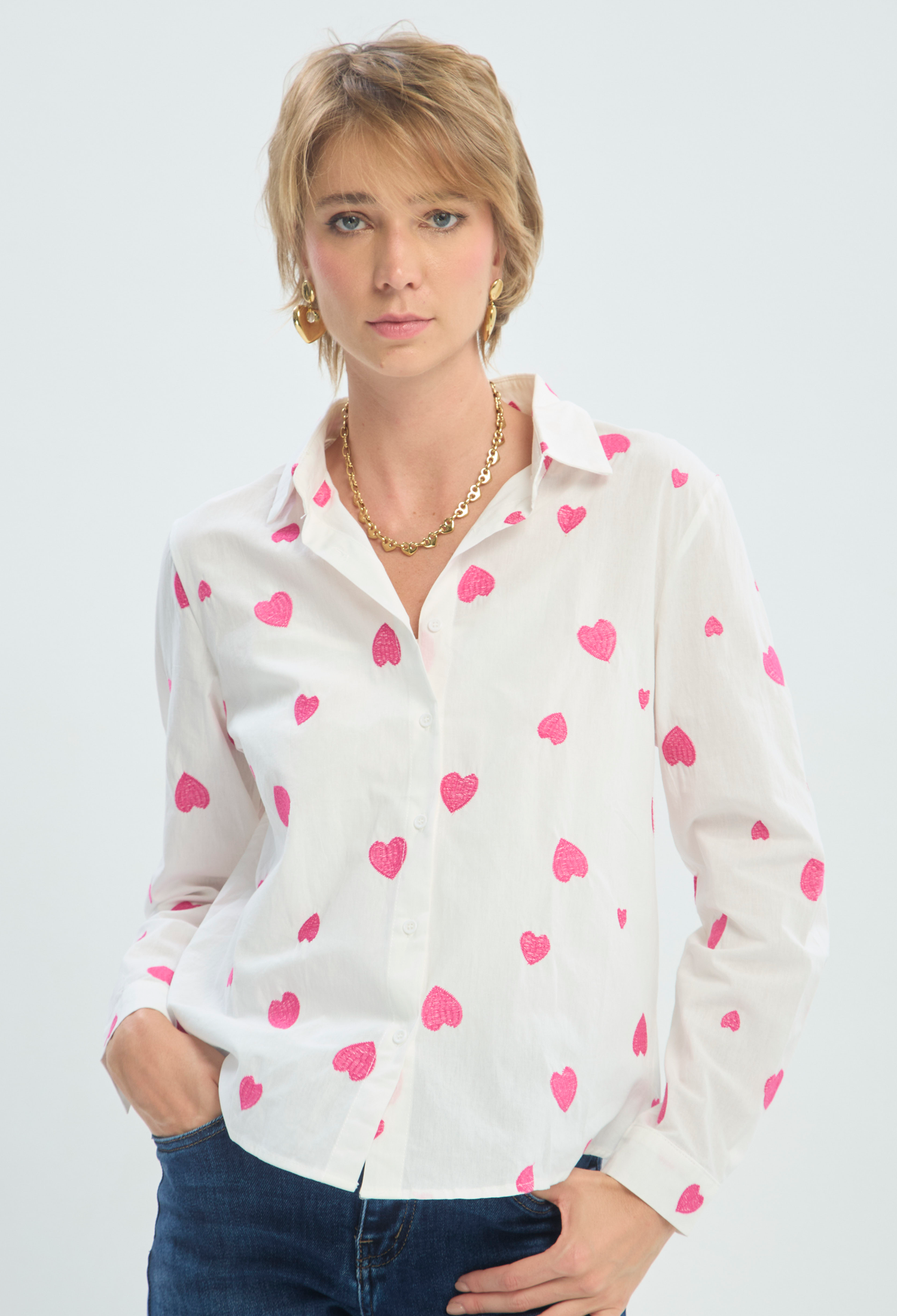 Blusa Manga Larga Blanca Corazones BYBLA
