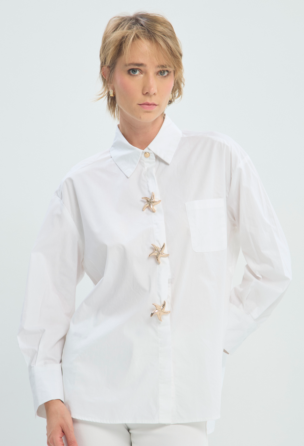 Blusa Manga Larga Blanca Botones Estrella BYBLA