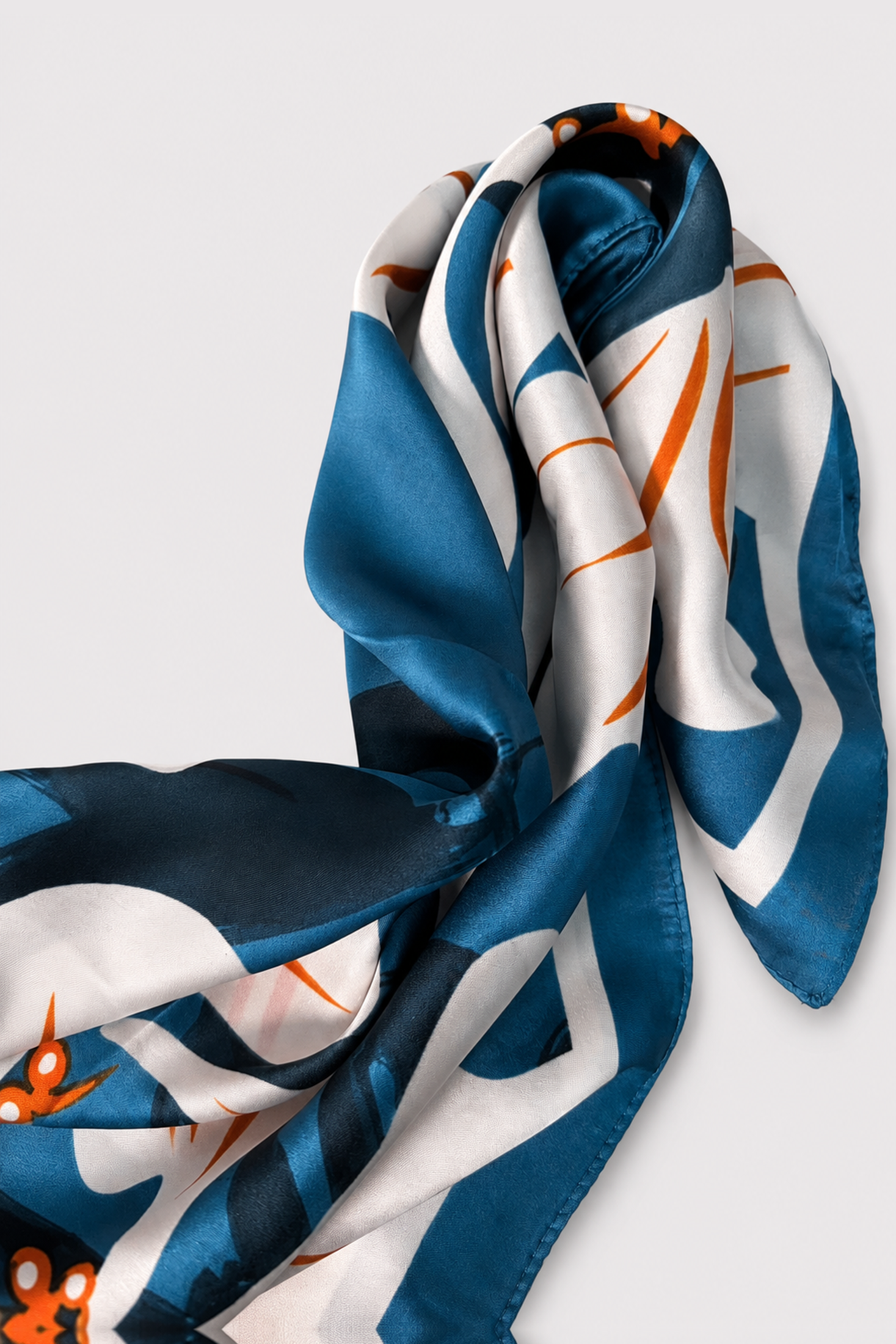 Chalina satinada con flores maxi en marfil y acentos naranja - Azules - vista 2