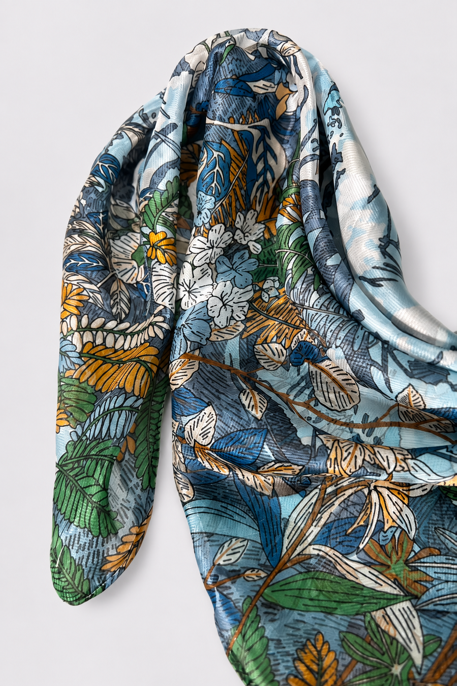 Pañoleta satinada con estampado de jardín botánico en tonos azules - vista 2