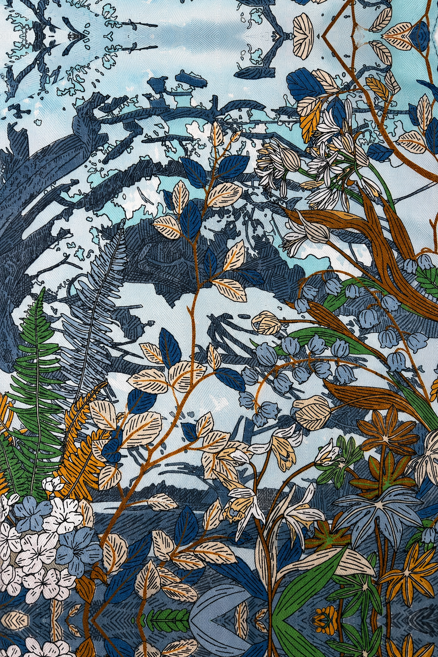 Pañoleta satinada con estampado de jardín botánico en tonos azules