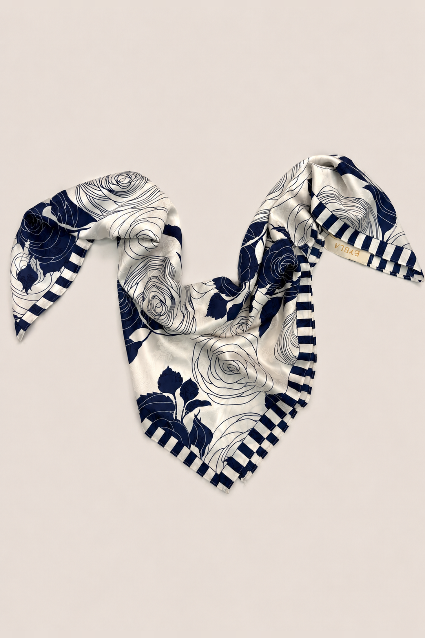 Pañoleta satinada con rosas ilustradas y borde de rayas - Azules