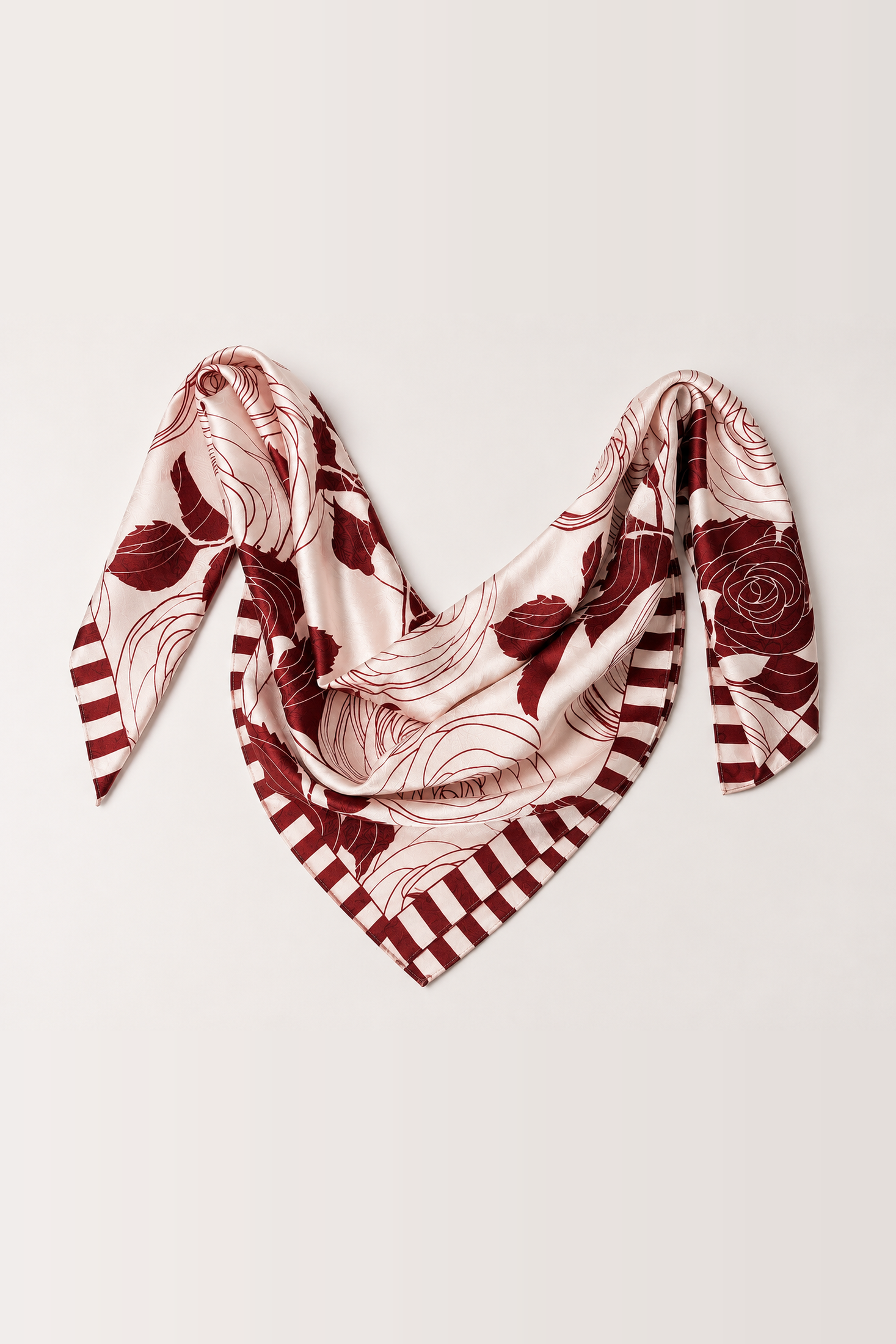 Pañoleta satinada con rosas ilustradas y borde de rayas - Burgundy