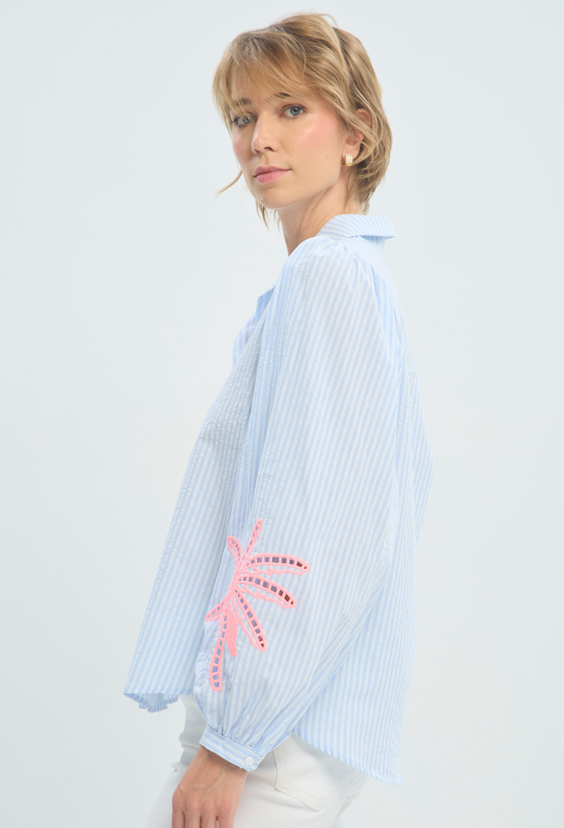 Blusa Manga Larga Azul a Rayas Bordado Palmera BYBLA - vista 2