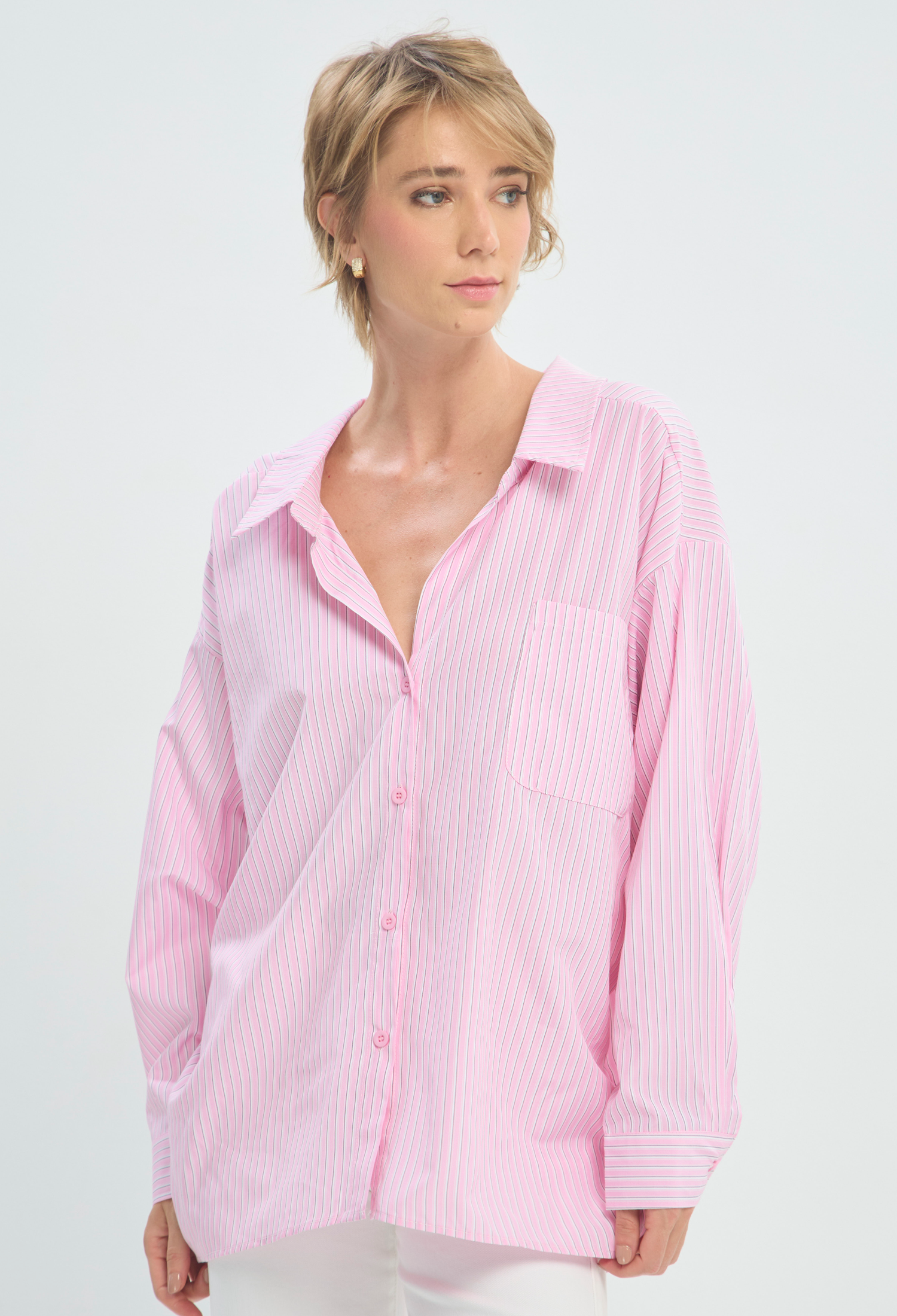 Blusa Manga Larga Rosa a Rayas Oversize BYBLA