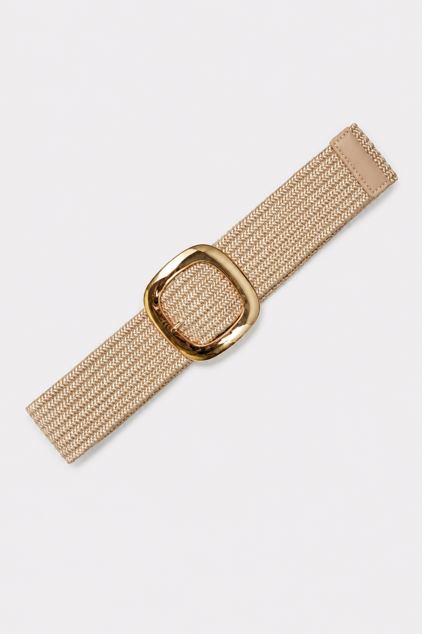 Correa trenzada beige dorado con hebilla cuadrada dorada