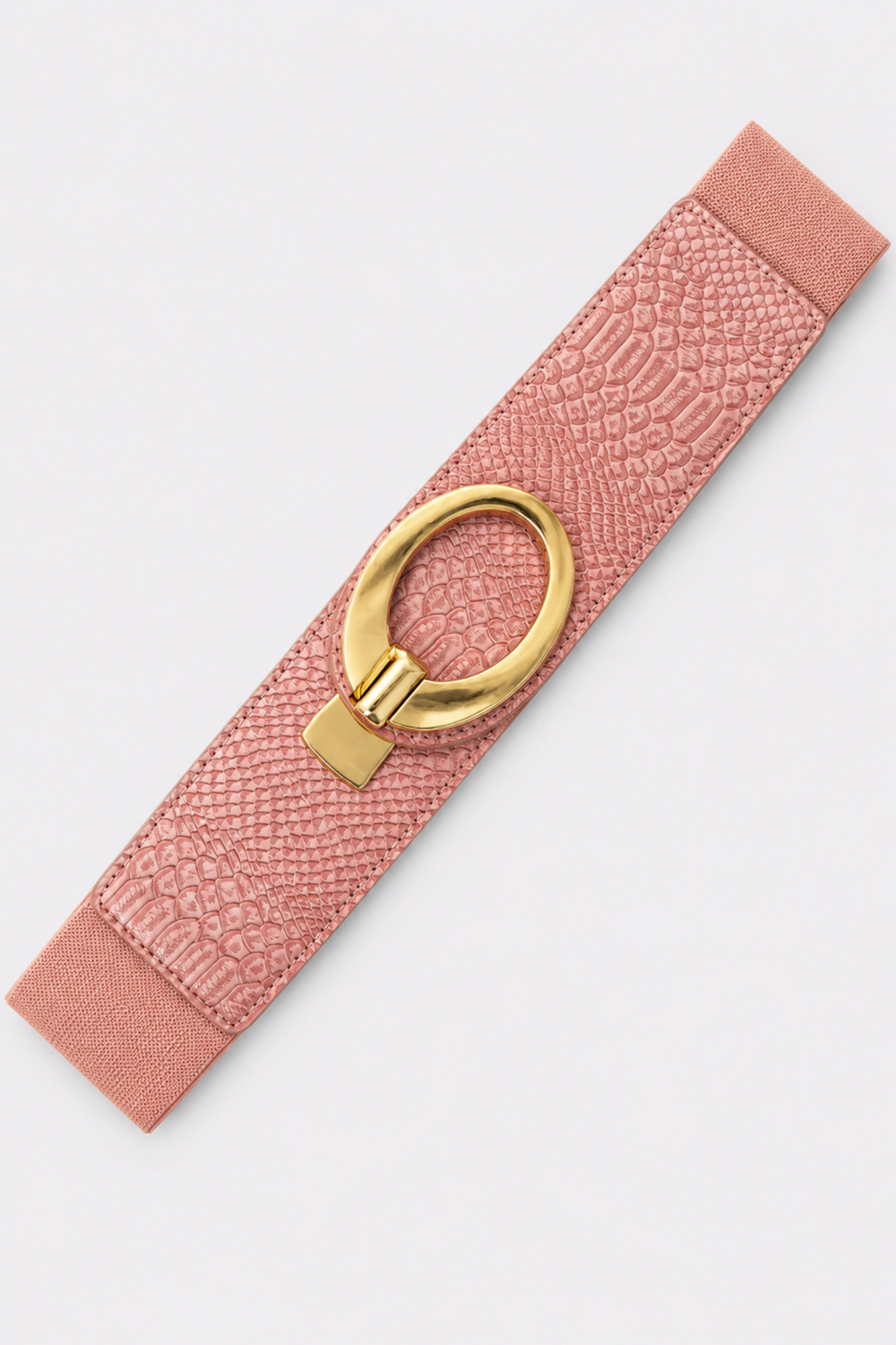 Cinturón elástico rosa texturizado con hebilla oval dorada