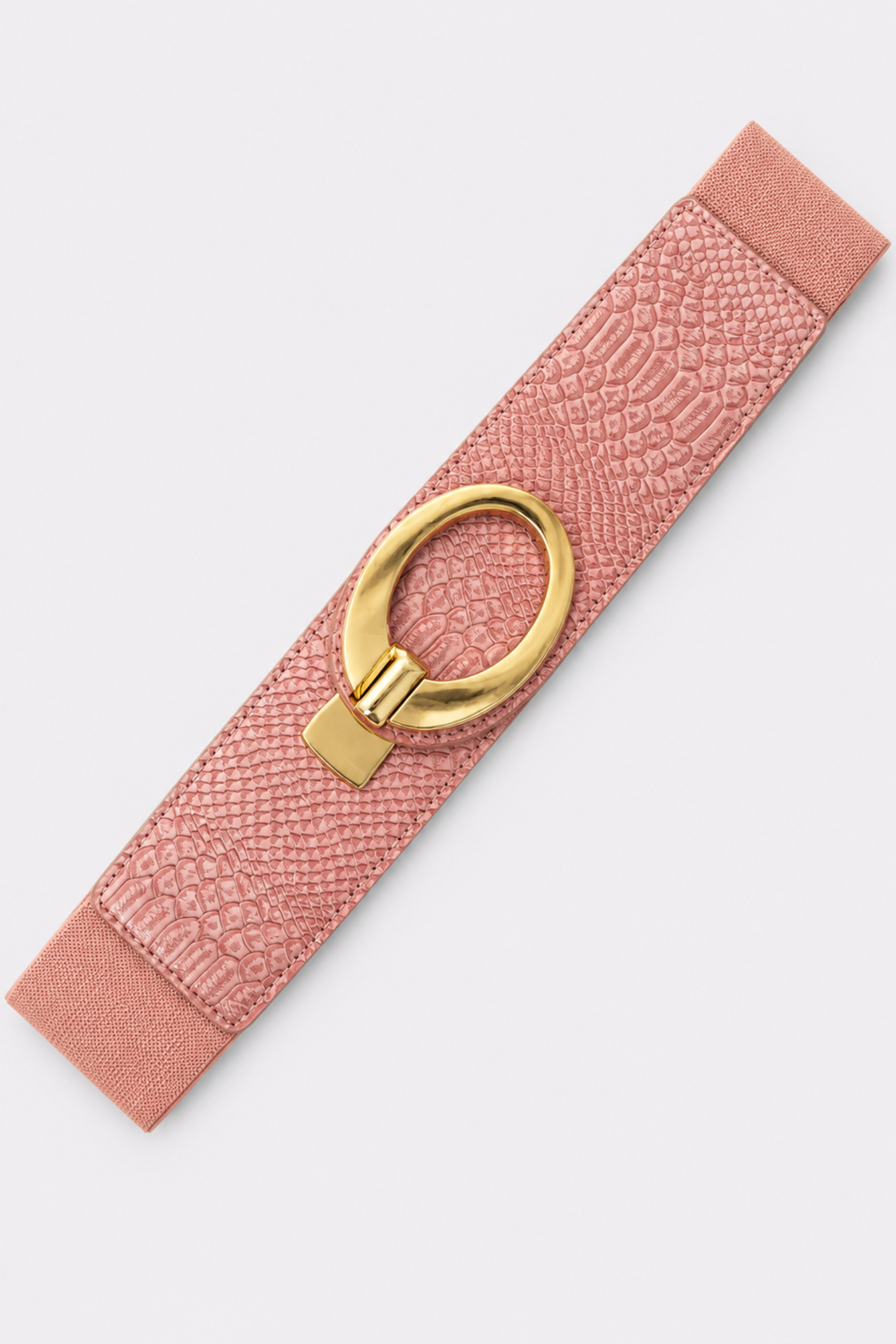 Cinturón elástico rosa texturizado con hebilla oval dorada