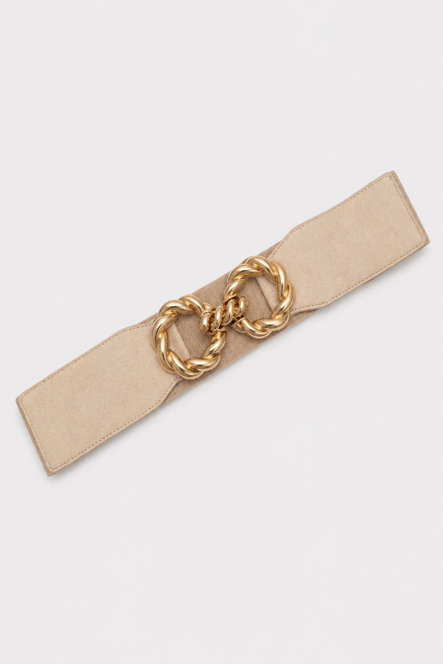 Cinturón elástico beige con argollas doradas torzadas entrelazadas - Beiges
