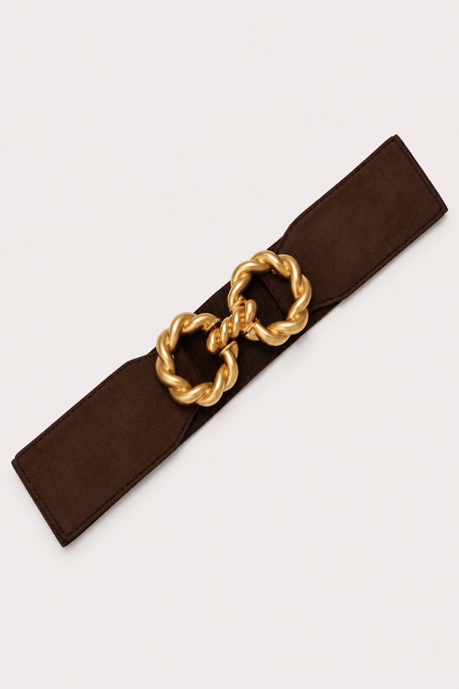 Cinturón elástico beige con argollas doradas torzadas entrelazadas - Marrones