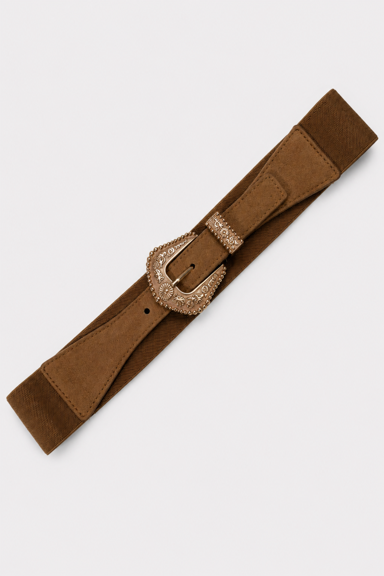 Cinturón elástico con hebilla western labrada y trabilla metálica - Camel