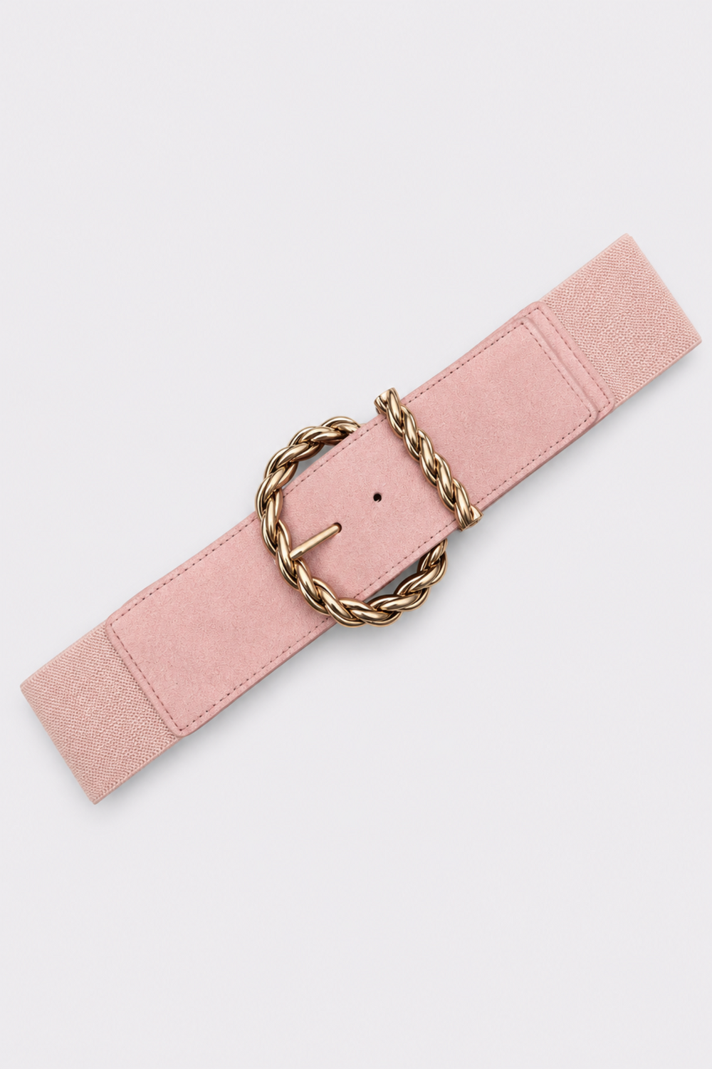 Cinturón elástico rosa con hebilla circular dorada trenzada