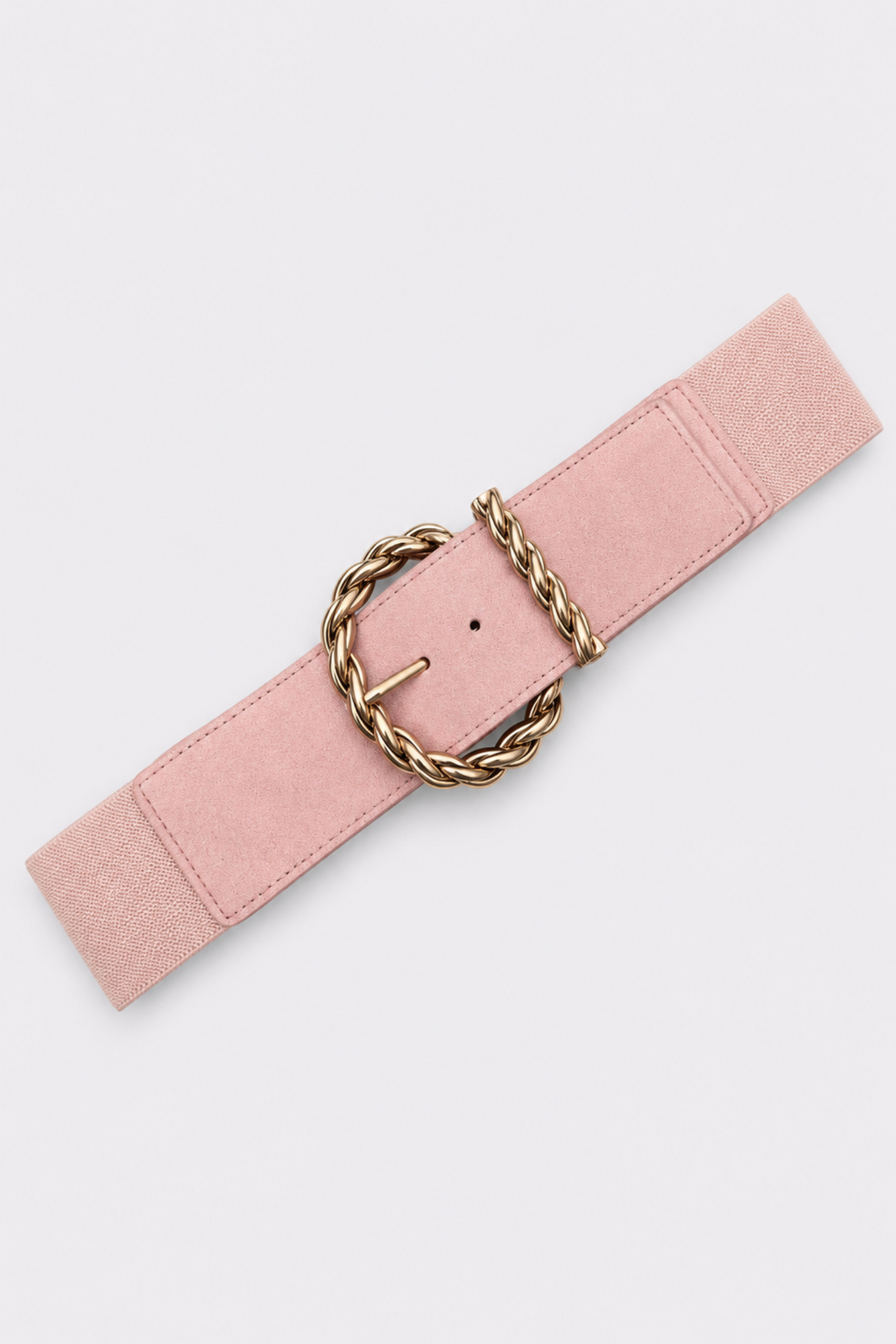 Cinturón elástico rosa con hebilla circular dorada trenzada